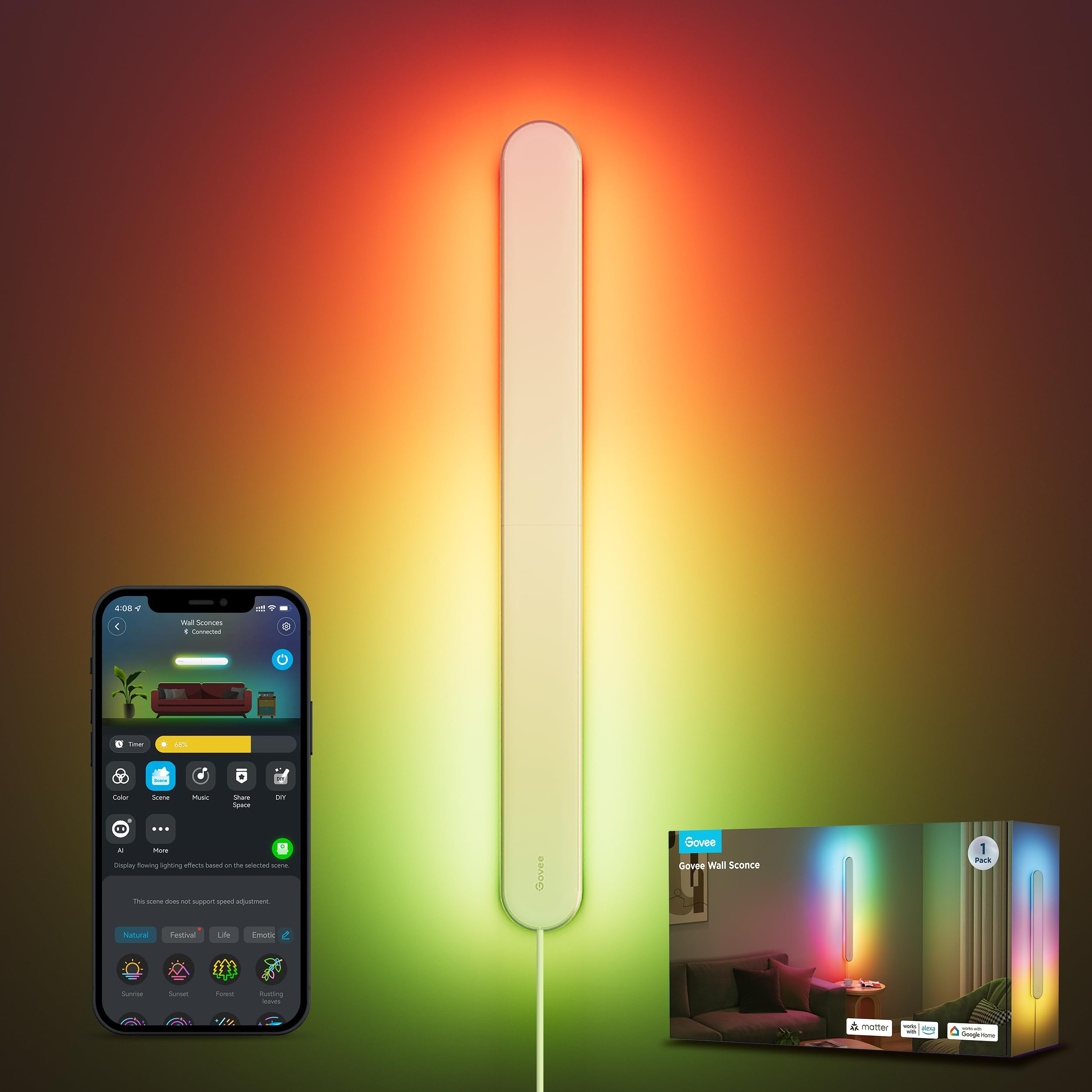 Govee Wall Sconce, Smart Rgbic Wall Lights, Works With Matter & Alexa, Music Sync, Wall Mount Light Plug In, Color Changing, Mod