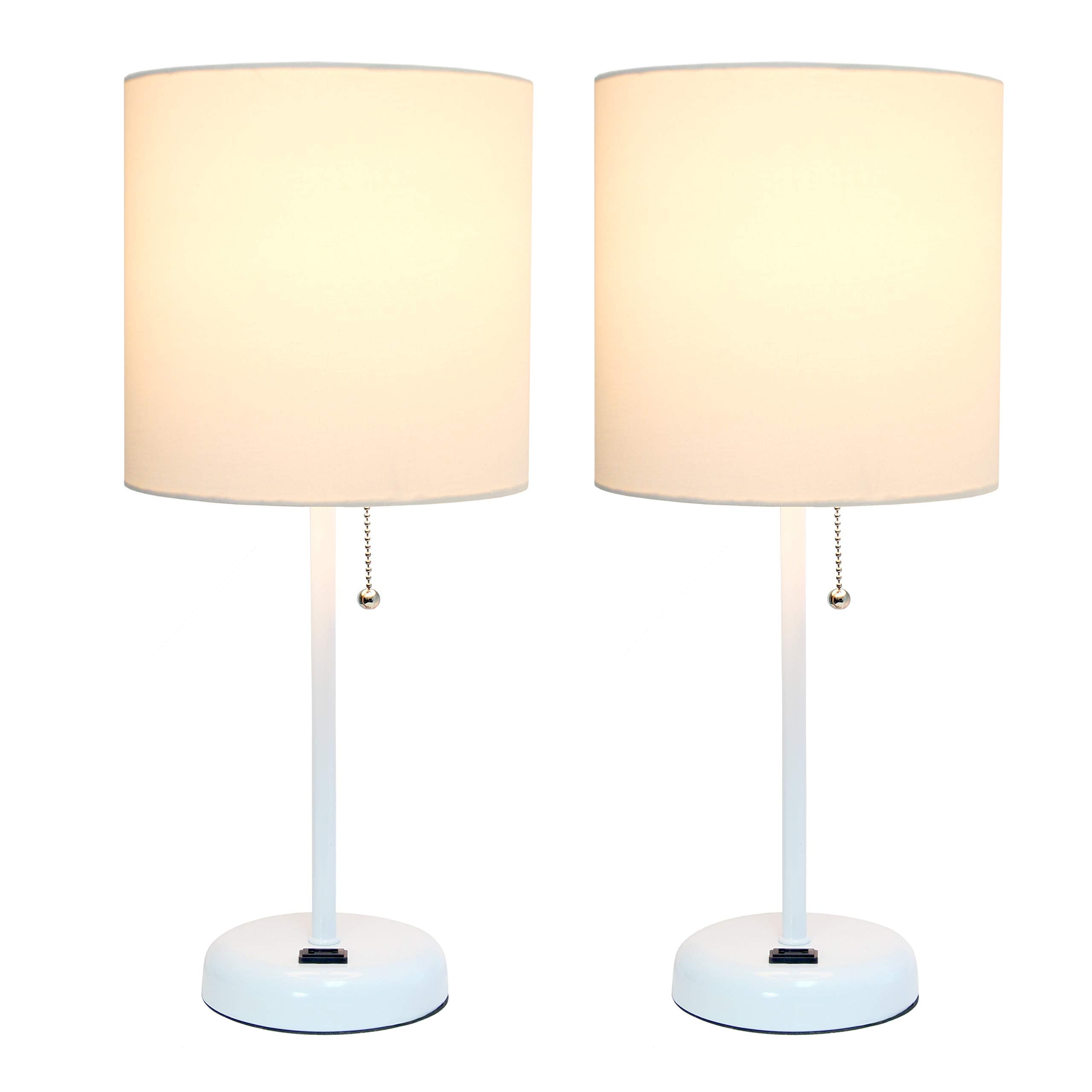 Simple Designs Lc2001-Wow-2Pk White Stick Table Lamp Set With Charging Outlet And White Fabric Shades, 2 Pack Set