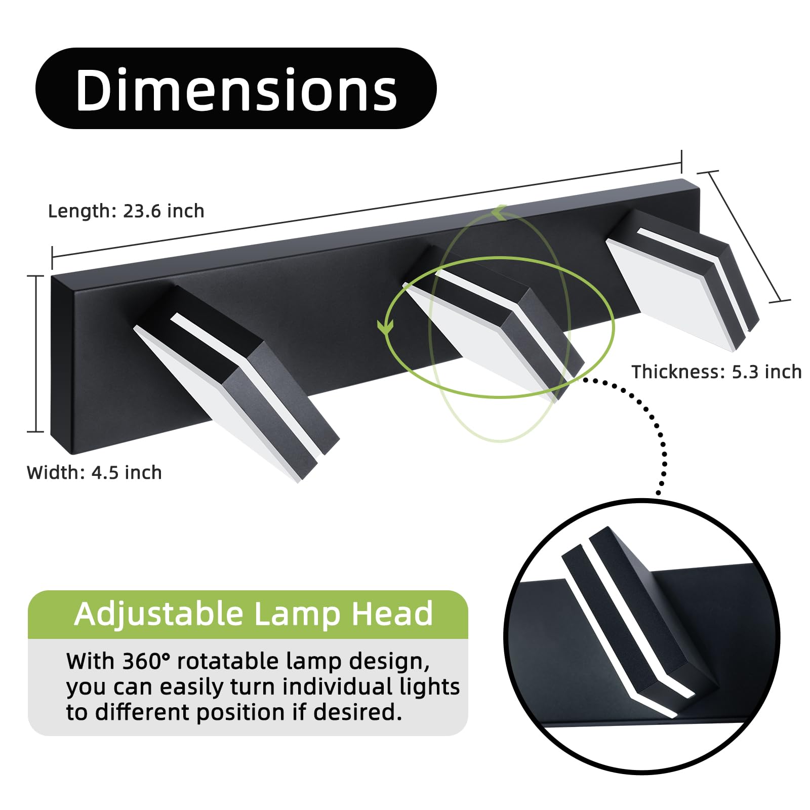 OKELI 3-Light Bathroom Vanity Light Fixture, Dimmable LED, Adjustable 350°, Matte Black, 24 Inch, ETL Listed, Modern Design
