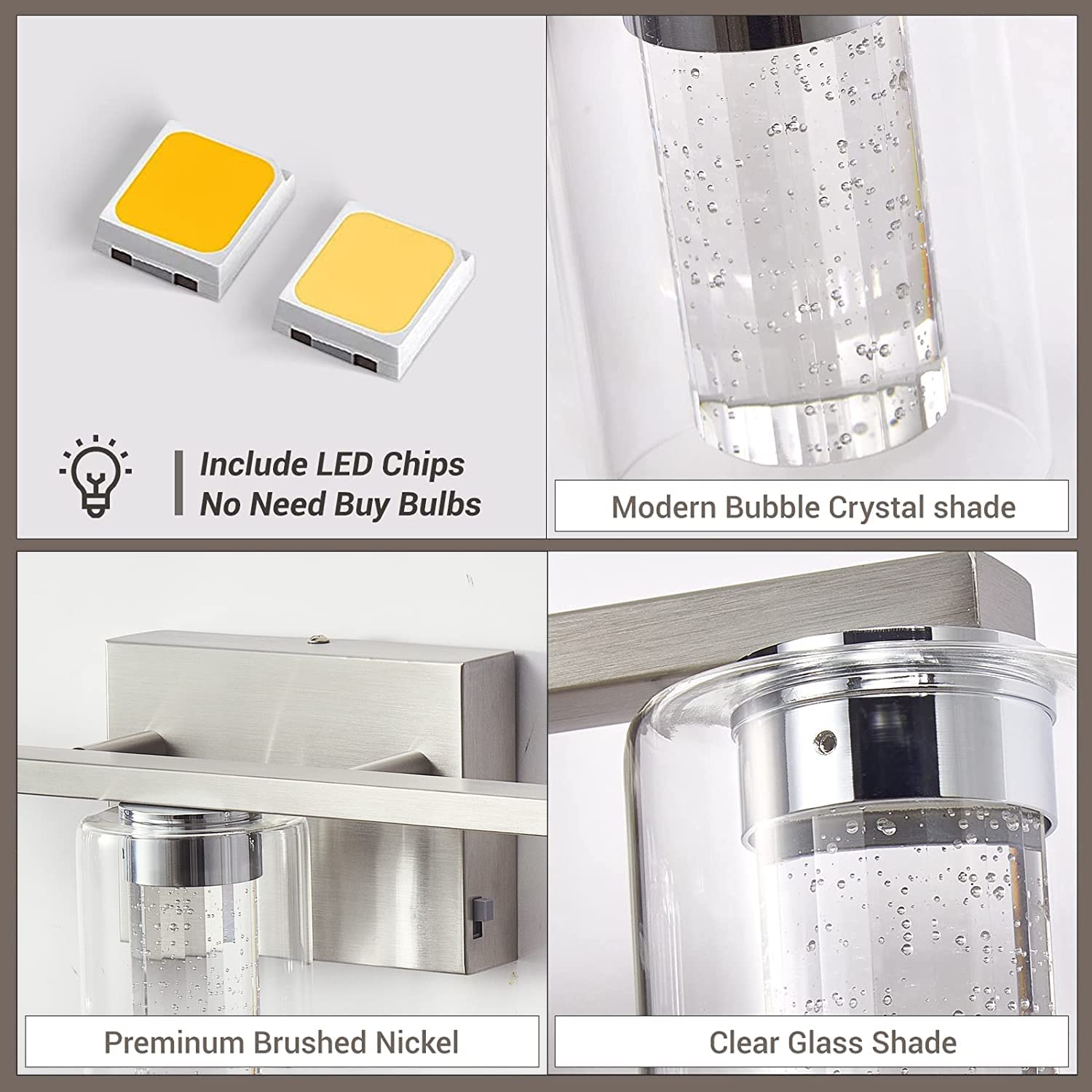 stambord Bathroom Light Fixtures, 5 Light Brushed Nickel Vanity Light, Dimmable LED with Crystal Bubble Glass, Model B90-05