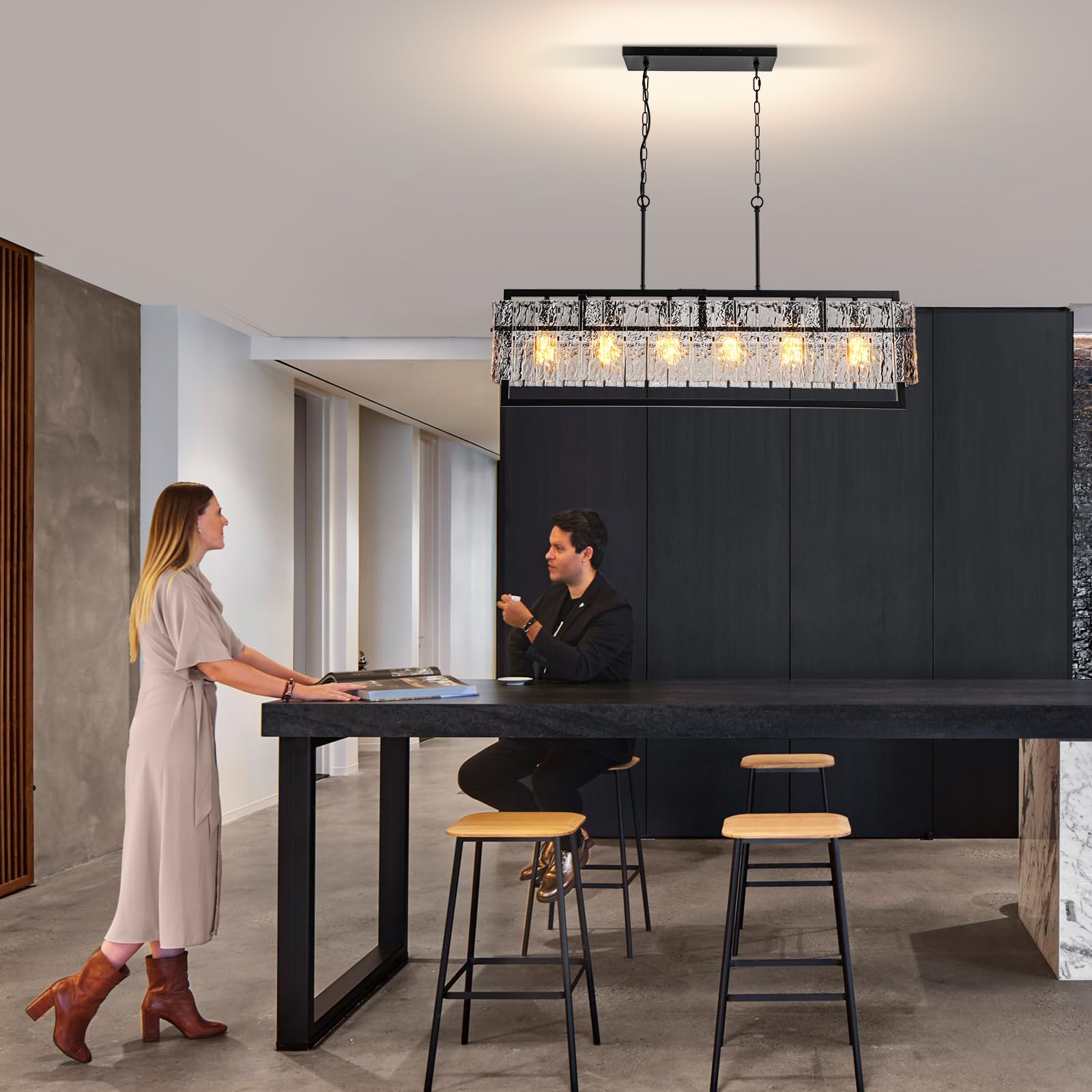 Jsdorsy Modern Chandeliers For Dining Room, 6-Light Large Black Rectangle Kitchen Island Lighting With Water Ripple Glass, 42