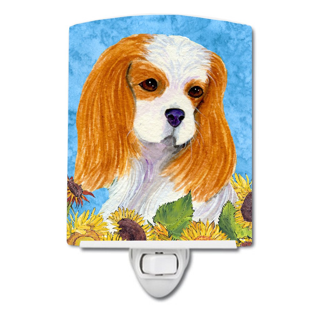 Carolines Treasures Ceramic Night Light, SS4161CNL, 6x4x3in, Cavalier Spaniel in Summer Flowers, UL-Certified for Bedroom, Bathroom, Nursery