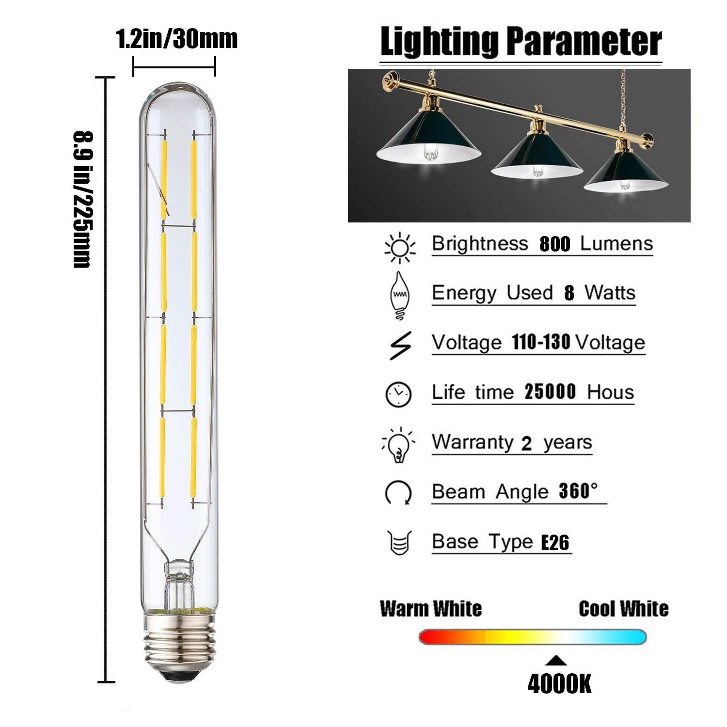 Leools 8W Dimmable Edison LED Tubular Bulb T10, 4000K Daylight, Glass, 4-Pack