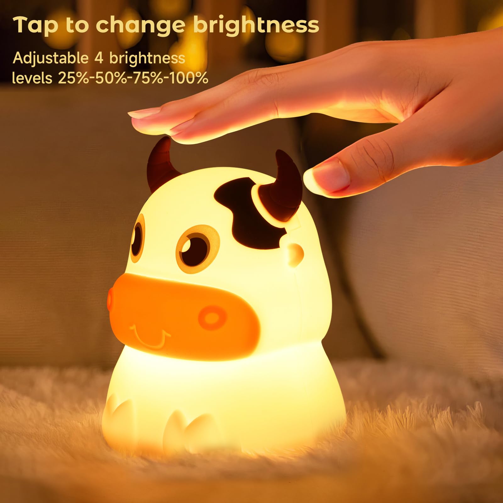 AVEKI Night Light for Kids, Portable Silicone Lamp, Color Changing, Cows-USB, Rechargeable, Cute Cow Design