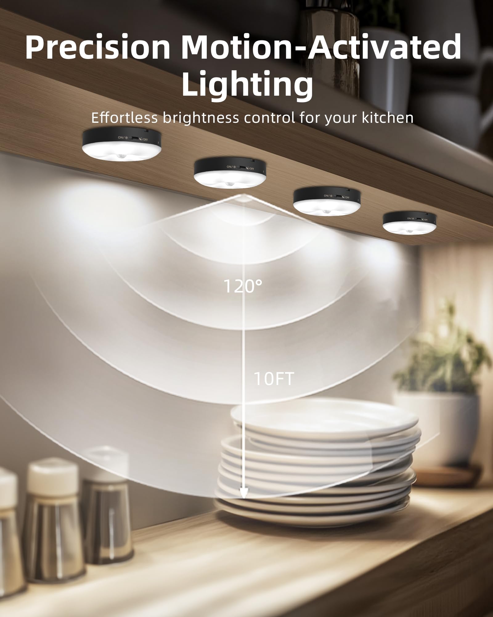 EZVALO Under Cabinet Lighting, 1000mAh Rechargeable Puck Lights, Dimmable Motion Sensor, 6 Packs, Black, Model EZL2424A