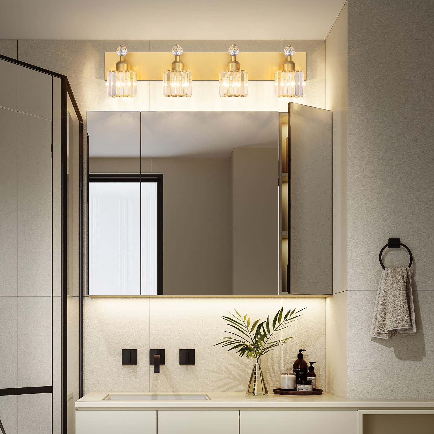 PRESDE Modern Crystal Bathroom Vanity Light 4-Light Stainless Steel Gold Finish