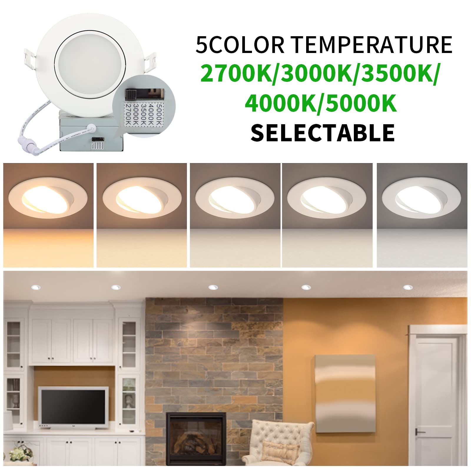 Knlnny Ware 6 Inch Led Recessed Lights 6 Pack,Ajustable Led Eyeball Gimbal Light With Junction Box,5Cct Selectable,15W 1250Lm,Di