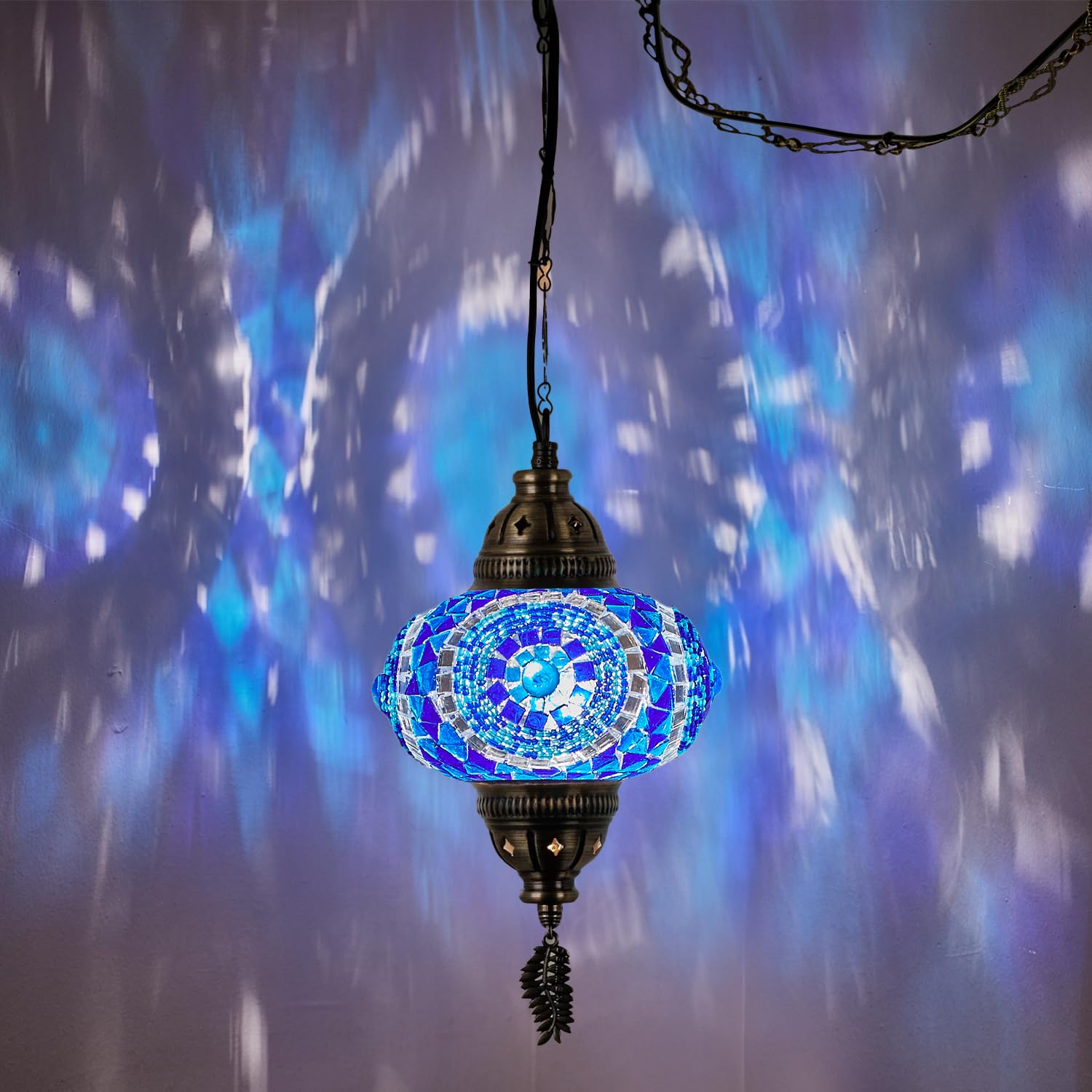 DEMMEX Plug in Pendant Light - Turkish Moroccan Mosaic Lamp, Glass Shade, 6.5in, Blue Space, 15ft Metal Chains
