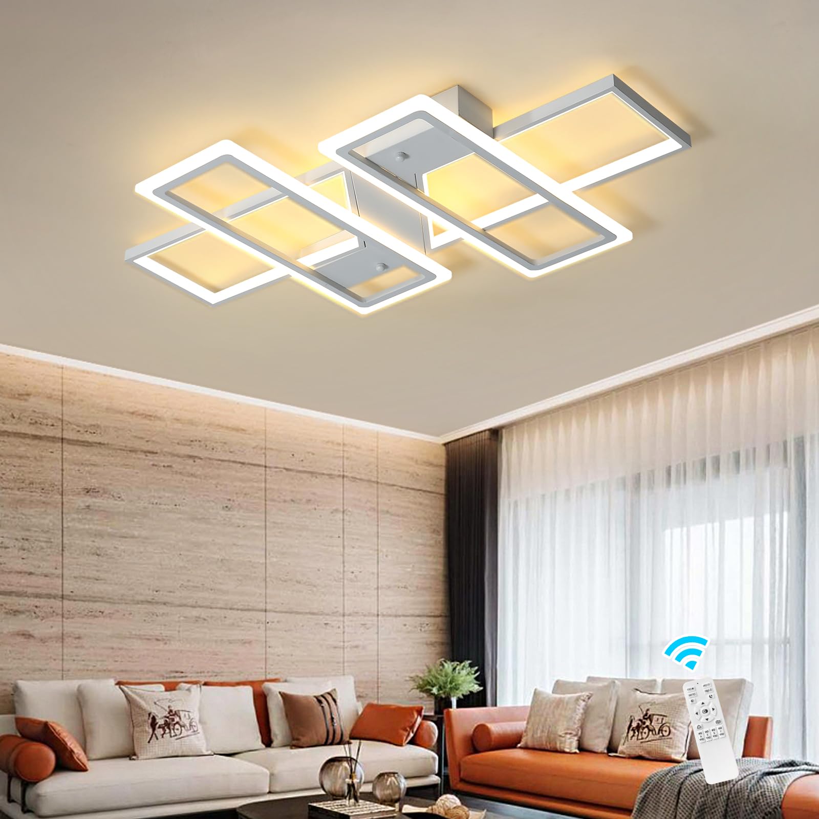 Jaycomey Dimmable Ceiling Light,4 Squares Modern LED Ceiling Lamps with Remote Control,80W Acrylic Flush Mount Ceiling Light Fix