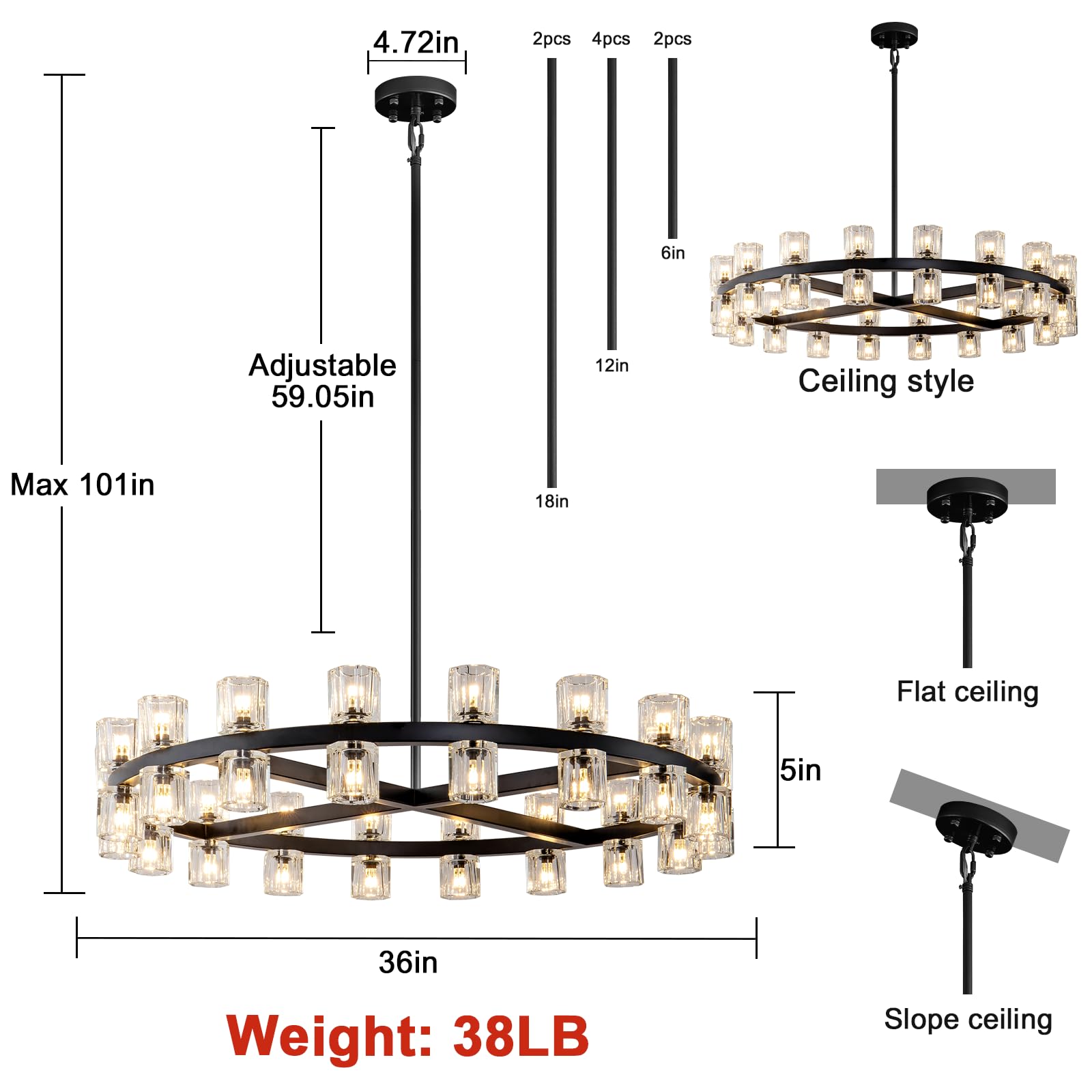 Plsintly Modern Black Crystal Chandelier 36" K9, Metal & Crystal, Ideal for Dining Room, Living Room, Foyer, Model PLS-M-236
