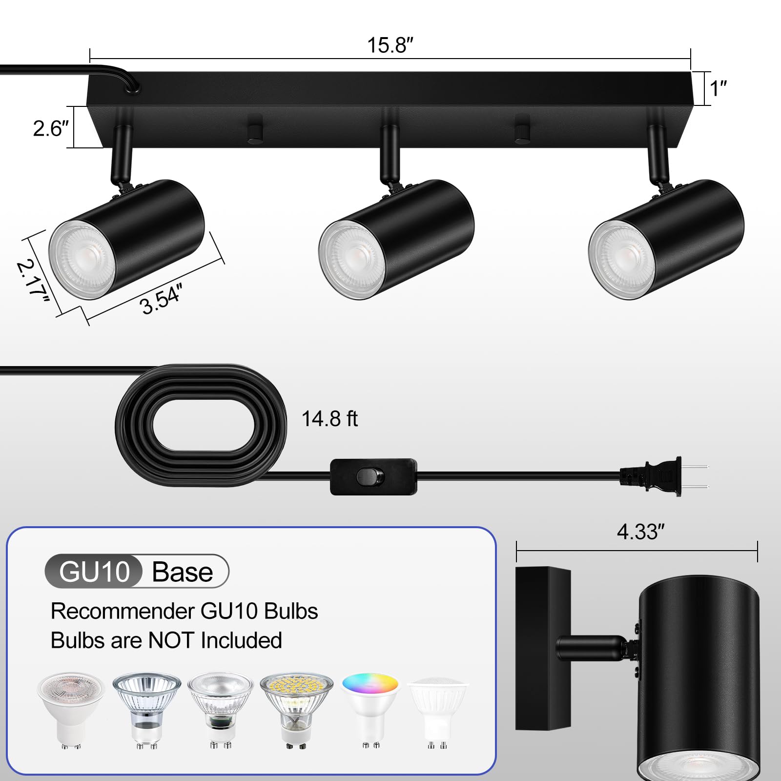 Boostarea Led Track Lighting Ceiling Fixtures, Black 3-Light Plug In Track Lights For Kitchen, 3 Way Ceiling Spotlight, 15 Ft Co