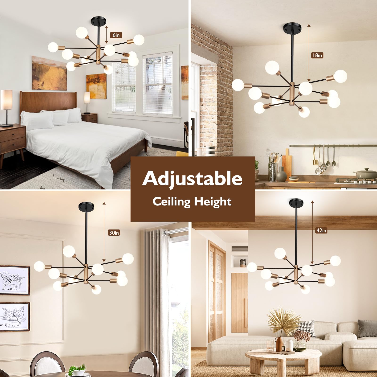 Sheetea 10-Light Sputnik Chandelier, Black And Gold Chandeliers Pendant Lighting, Modern Farmhouse Dinning Room Light Fixture Mid Century Brass, Height Adjustable For Living Room Kitchen Island