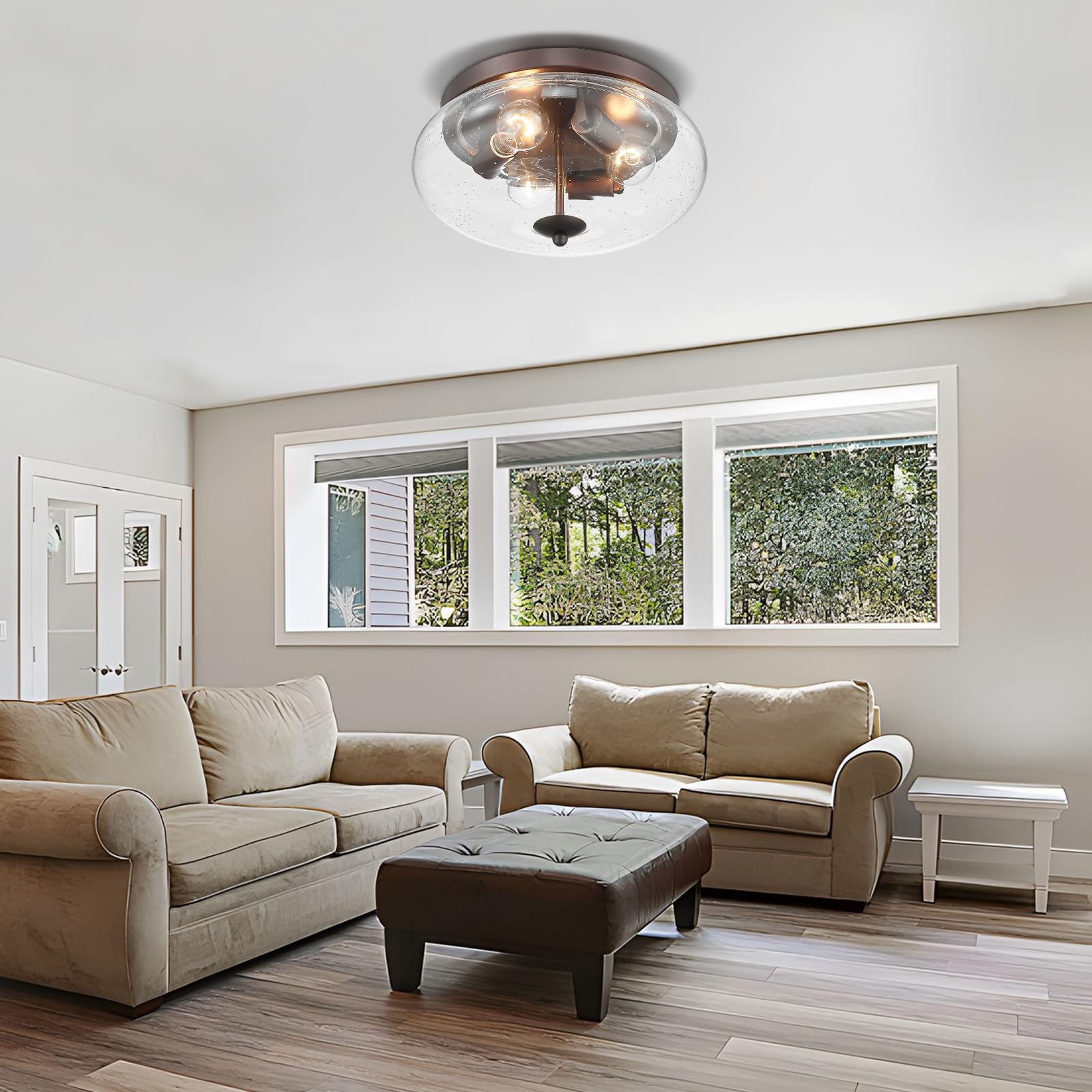 Darkaway Large Ceiling Light Fixtures 3-Ight Flush Mount Indoor Outdoor Ceiling Light With Seeded Glass Shade For Hallway Kitche