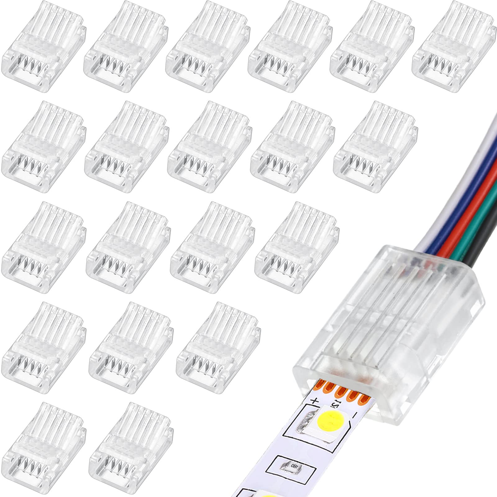 Flutesan LED Strip Connector, 20 Pcs, 5 Pin 10 mm, Waterproof Adapter, RGB Lights, Transparent