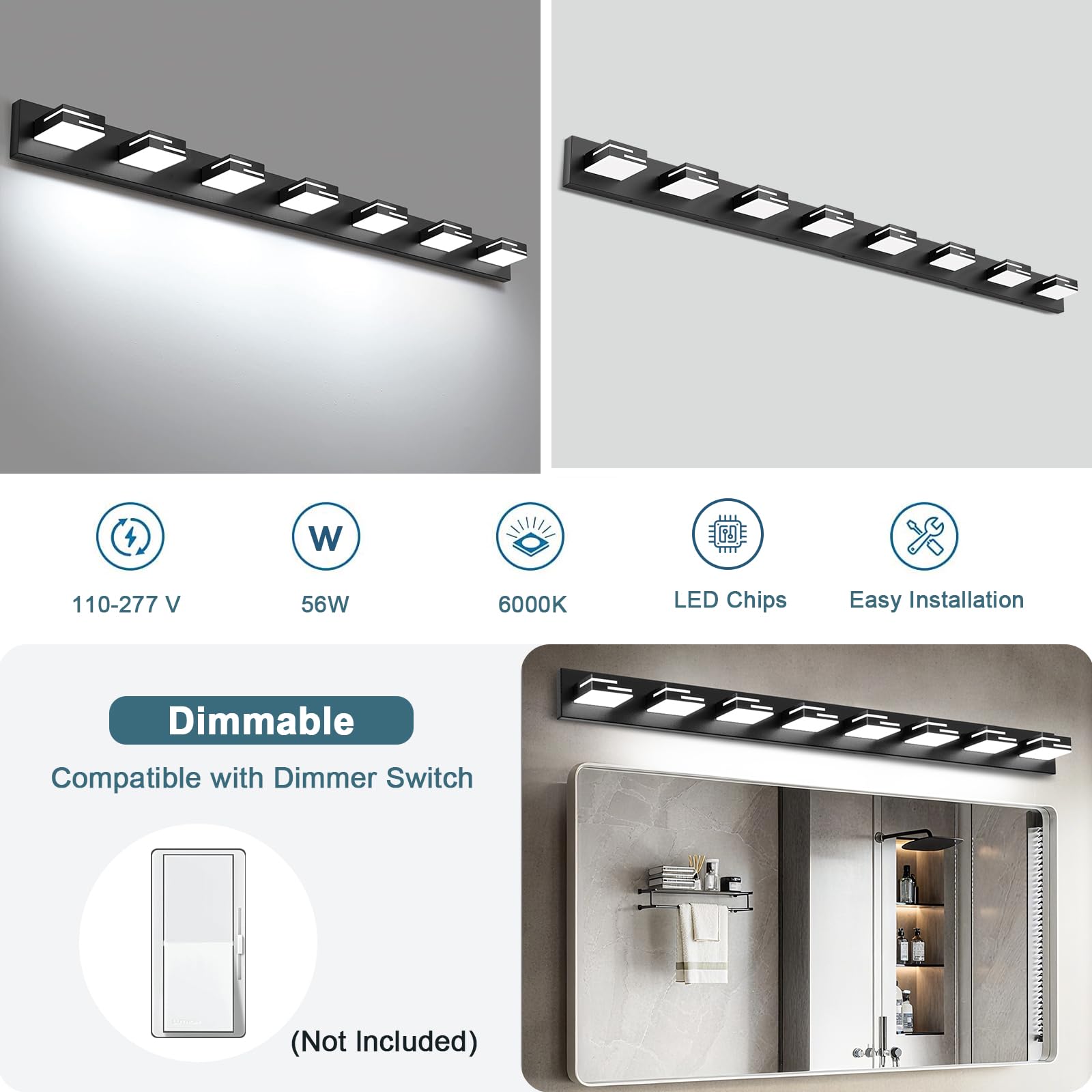 Lkhf Led Modern Bathroom Vanity Light Fixtures  8-Light 55-Inch Dimmable Matte Black Vanity Lights For Bathroom Lighting Fixtures Over Mirror  With 350?Rotatable Acrylic Heads (Cool White 6000K)