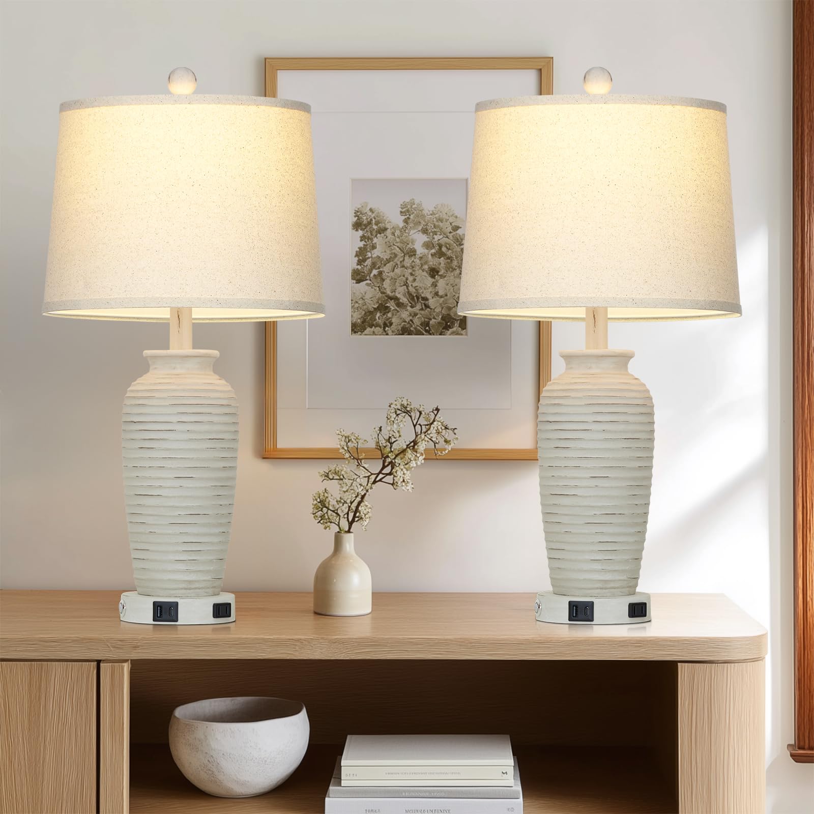 CINSARY 25" Retro White Farmhouse Jar Table Lamps Set of 2, 3 Way Touch Control with USB Ports, LED Bulbs Included