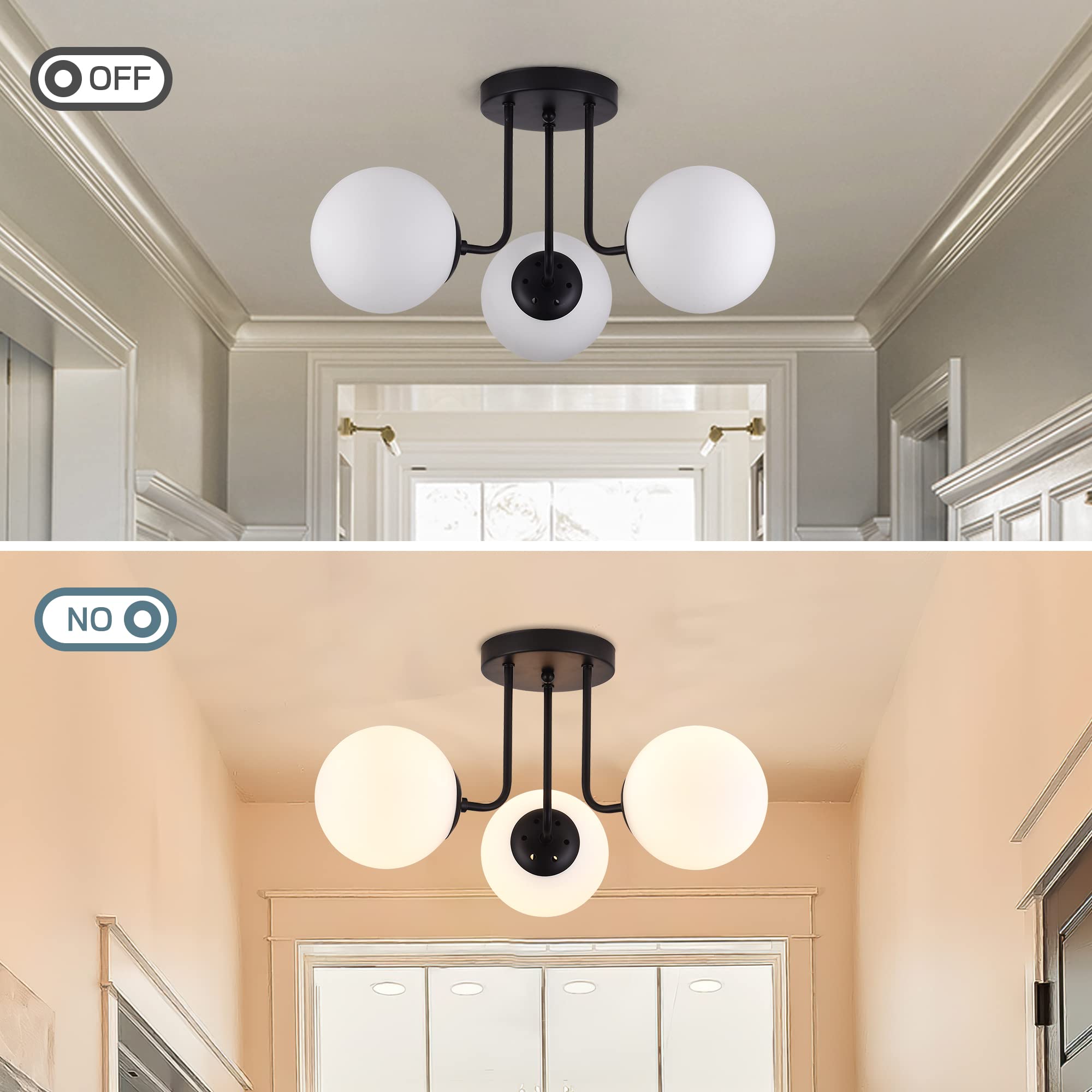 Koko&Yukina 3-Light Semi Flush Mount Ceiling Light With Opal Milk Glass Globe & Matte Black For Bedroom, Hallway, Entryway, Kitc