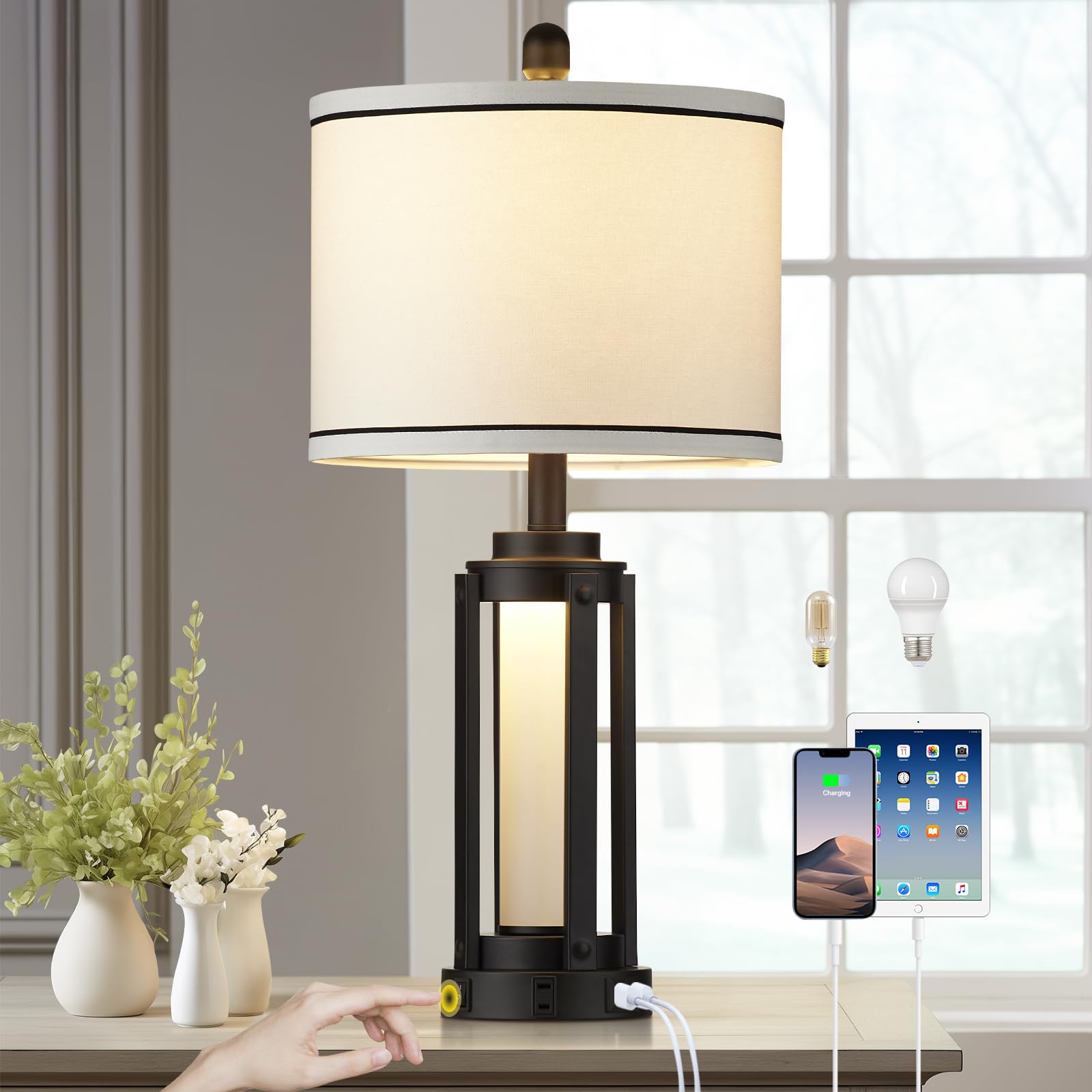 26'' Modern Table Lamp With Usb A+C Charging Ports & Ac Outlet, Industrial Beside Contemporary Lamp Glass Led Night Light For Li