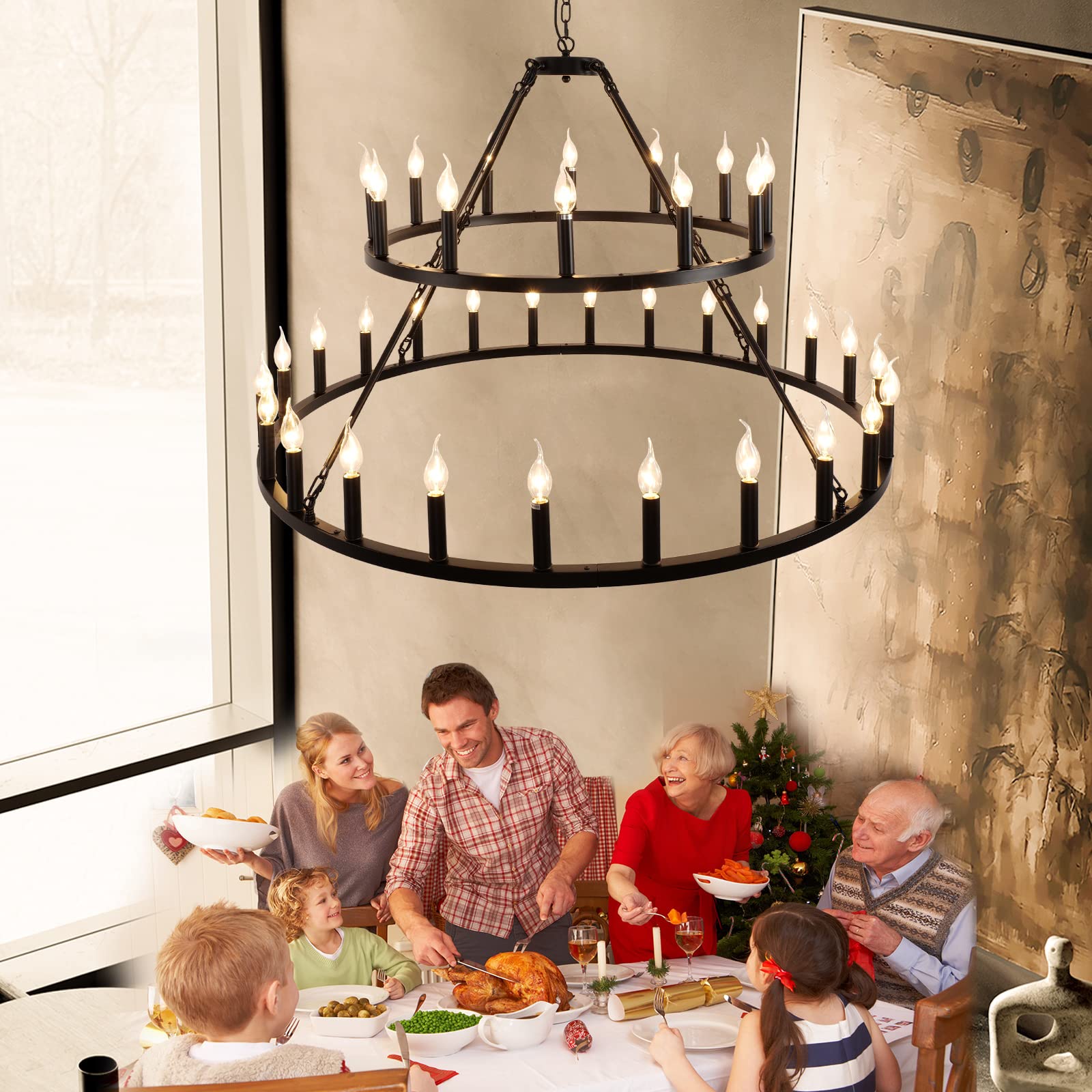 WOGON WEEL 2 Tier 36-Light Wagon Wheel Chandelier, 48-inch Black Rustic Pendant Light for High Ceilings, Model chelun005