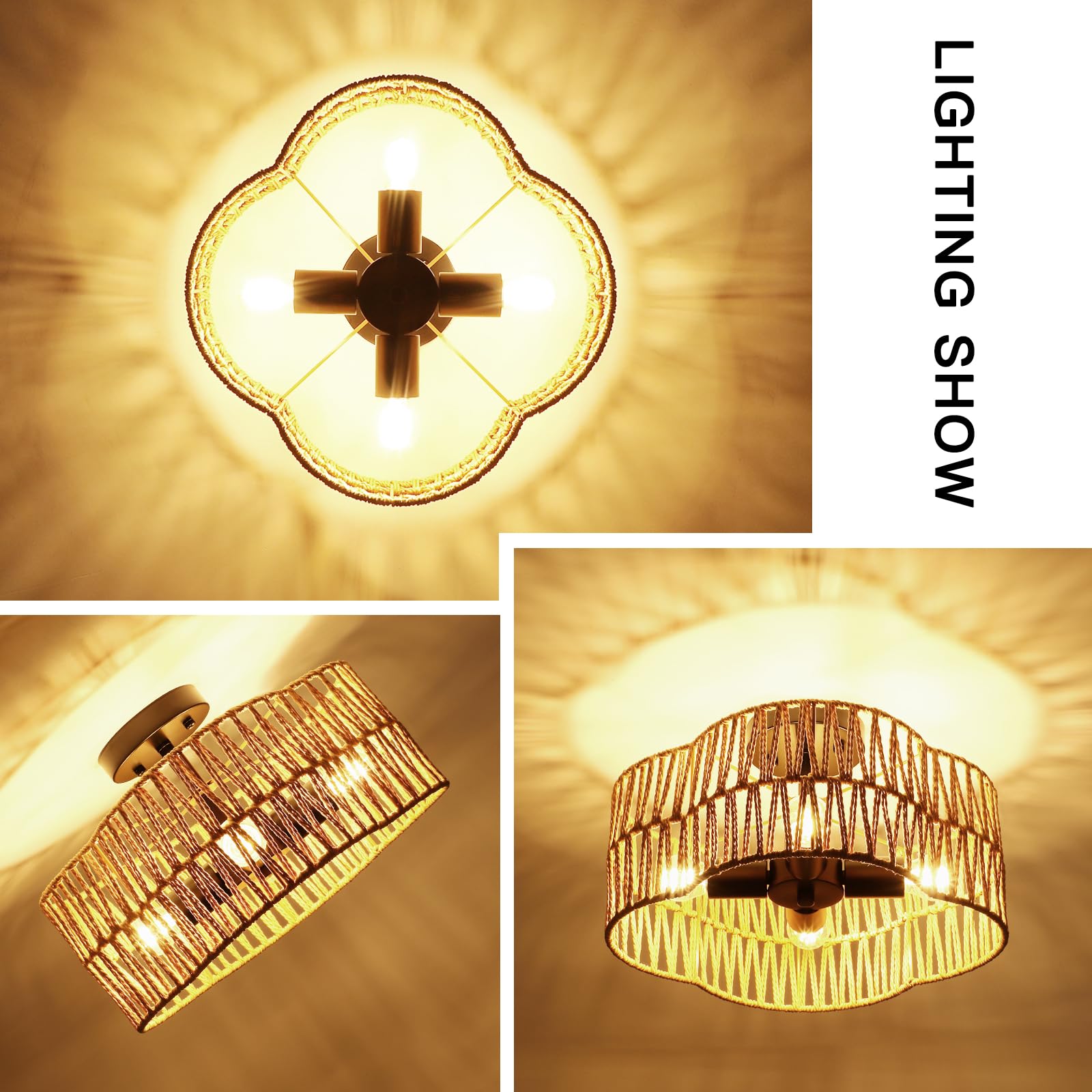 Foucasal 4-Light Boho Rattan Ceiling Light Fixture, Modern Semi Flush Mount Chandelier