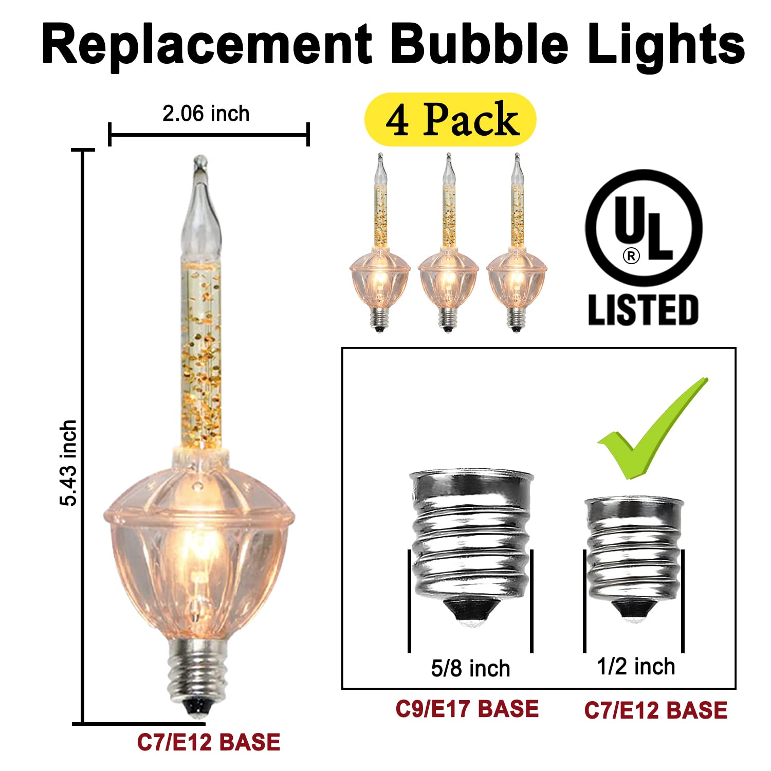 Couah C7 Bubble Light Bulbs - 4 Pack Gold Glitter Vintage Replacement Bulbs for Christmas Bubble Lights, Plastic, Candelabra Base