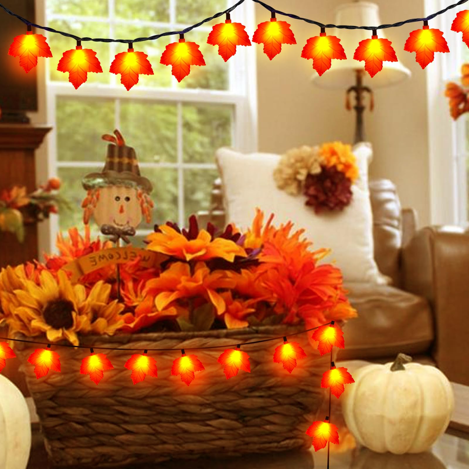 Abeja Fall Decor Maples Leaf String Lights  8.5Ft Fall String Lights Plug In With 10 Led Orange Leaves Lights  Orange Thanksgiving Lights For Thanksgiving Decor  Indoor Outdoor Decorations