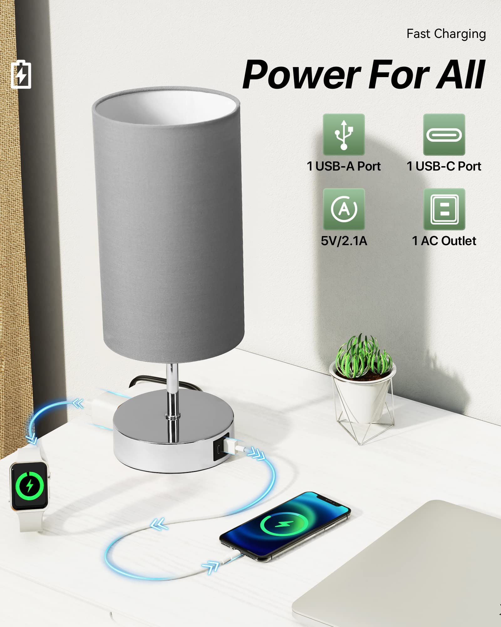 KPQ Touch Control Bedside Lamp with USB & AC Outlet, 3-Way Dimmable, Linen Fabric Shade, Bright Silver/Gray, Model T428