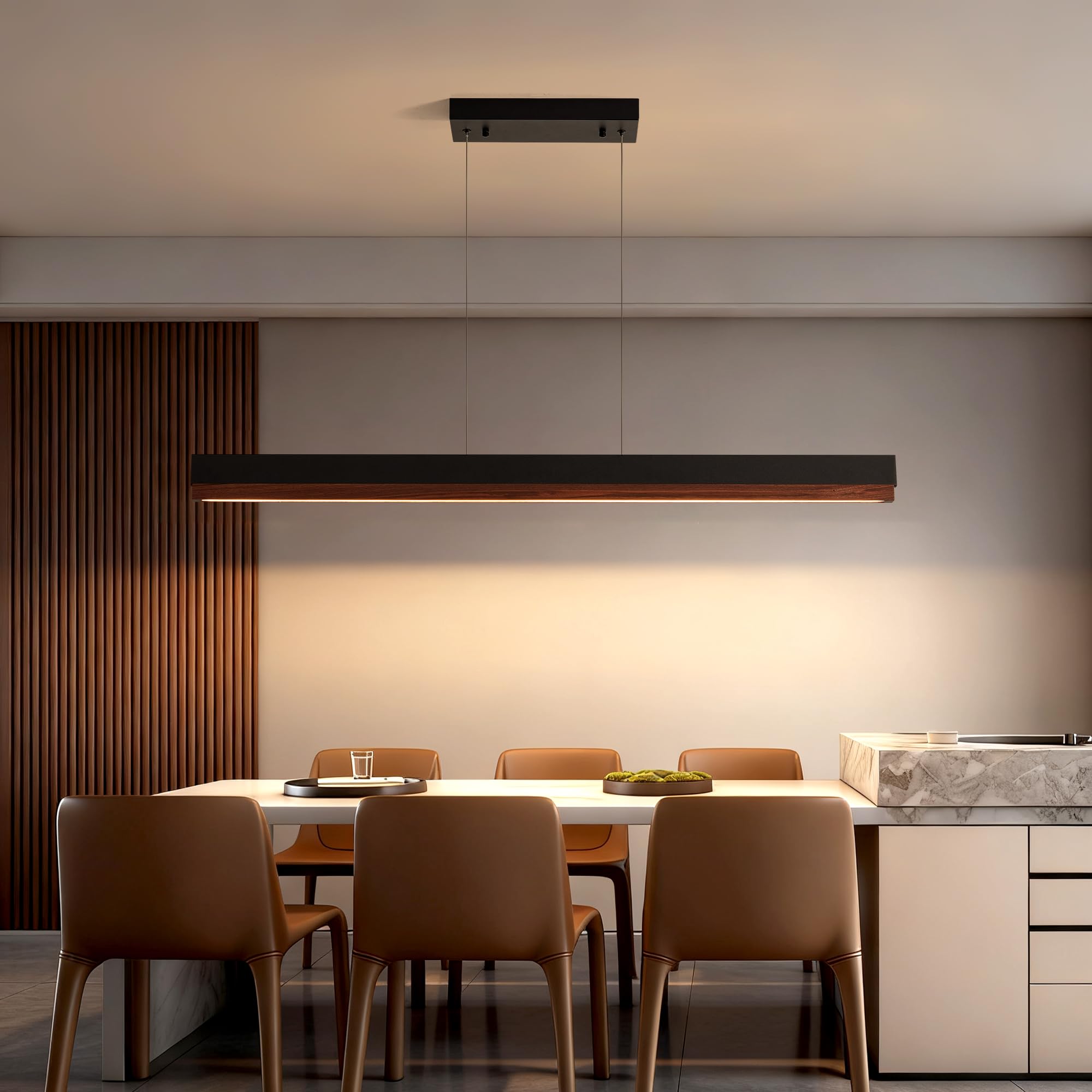 Ecoillumix 43 Wood Linear Pendant Light  24W LED Dimmable Kitchen Hanging Lights  Pendant Lights Kitchen Island with Remote  Linear Chandelier for Dining Room  Kitchen Island  Bar  Pool Table-Walnut