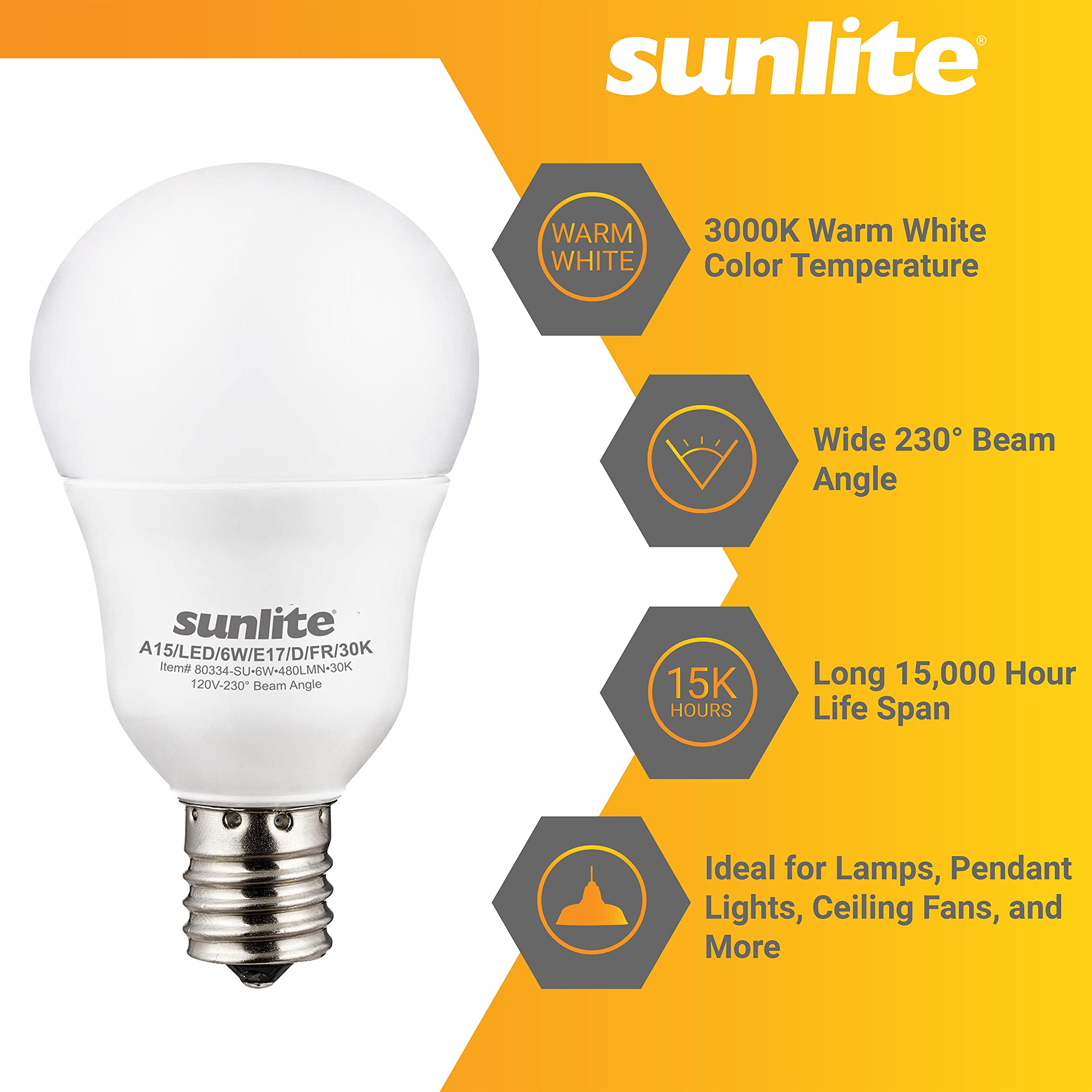 Sunlite A15 E17 Led Bulb, Intermediate Base Light Bulbs, 6 Watts (40W Equivalent), 480 Lumens, Dimmable, For Ceiling Fan And, Li