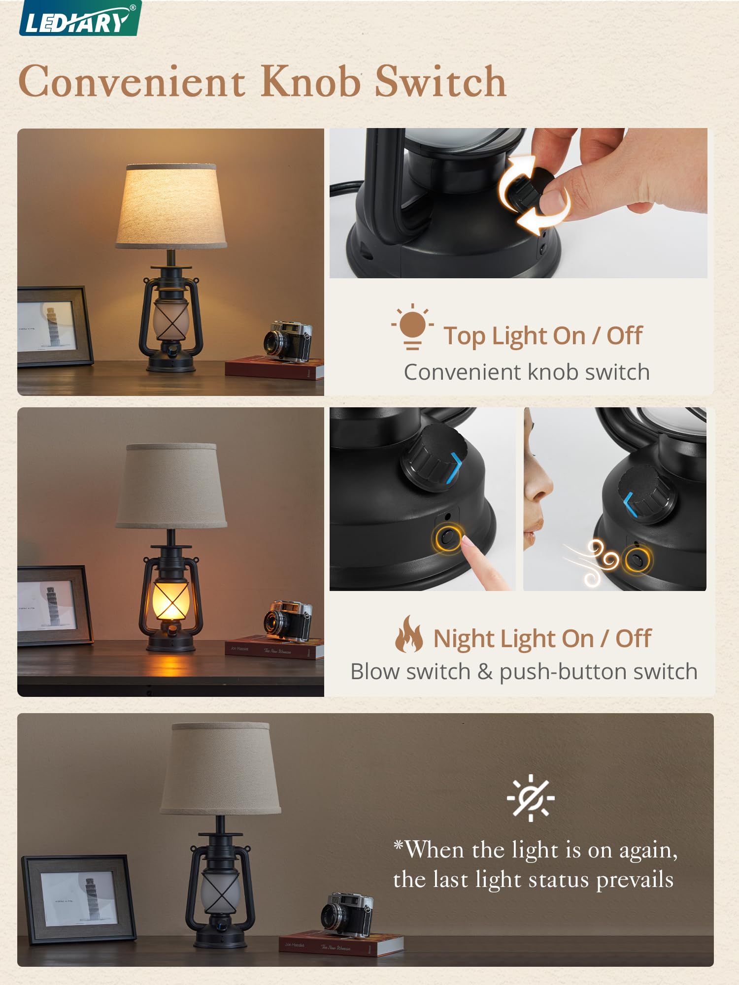 LEDIARY 18.72" Blow-Controlled LED Lantern Table Lamps, Set of 2, Rustic Black for Bedrooms & Living Room, Halloween Decorative Lighting