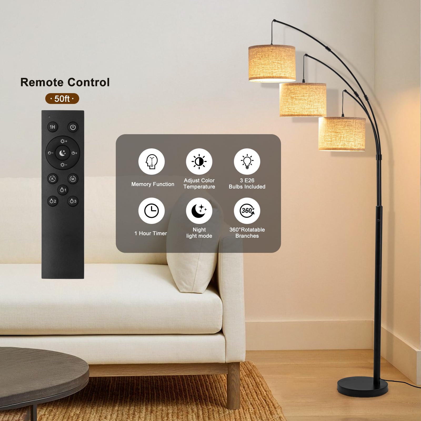 Fansdrick Arc Floor Lamp - 2400LM Super Bright, Remote Control, 80" Tall, Black-Linen Shade, Metal, Model NTL-02B