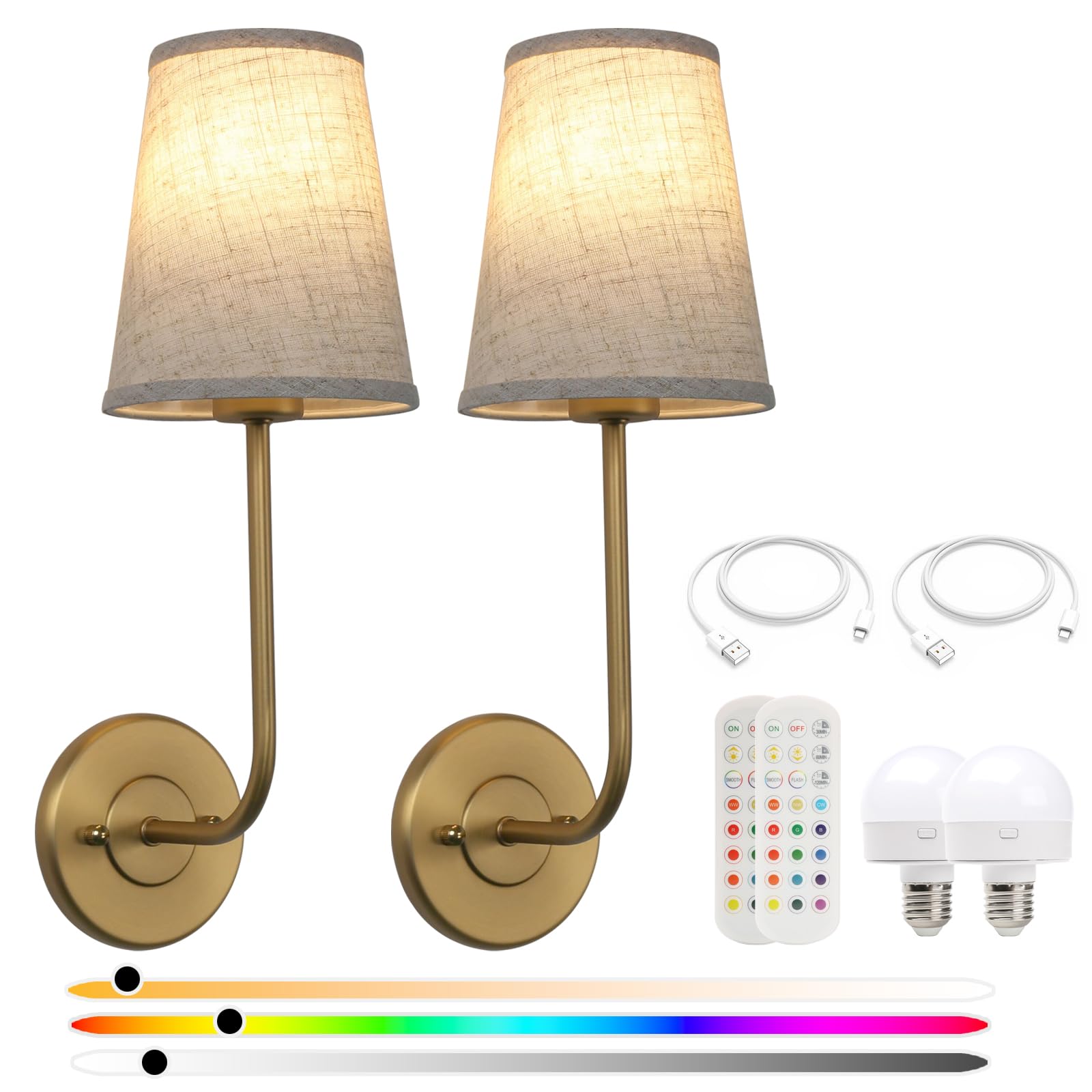 Pathson Wall Sconces Set of 2, Wireless Dimmable Lights, Brass Antique, Remote Control, Includes Bulbs, Model XLUS3003X2