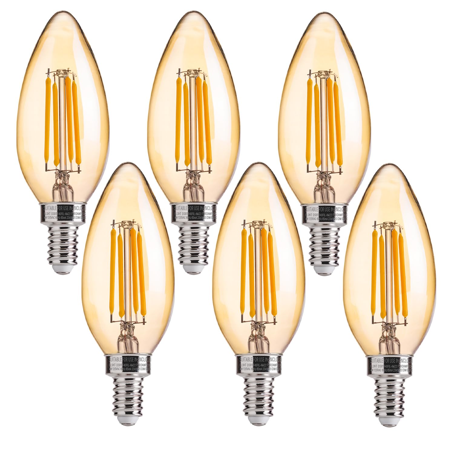 Flsnt 40W Equivalent Led Chandelier Light Bulbs, Dimmable Amber Led B11 E12 Candelabra Base Bulbs, 2200K Warm White, 330Lm, 6 Pa
