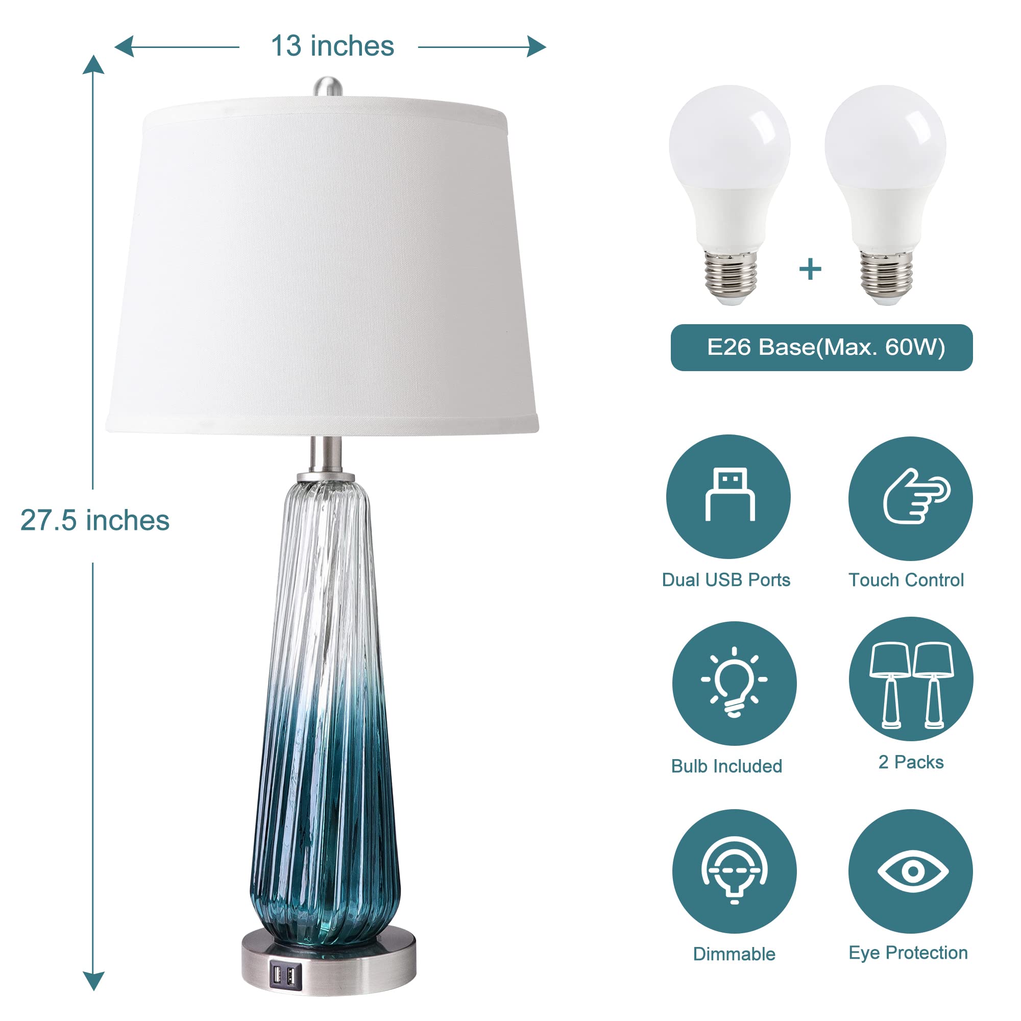 Table Lamps Set Of 2 With Touch Control, 3-Way Dimmable Modern Glass Bedside Lamps With 2 Usb Ports, Nightstand Lamp With White