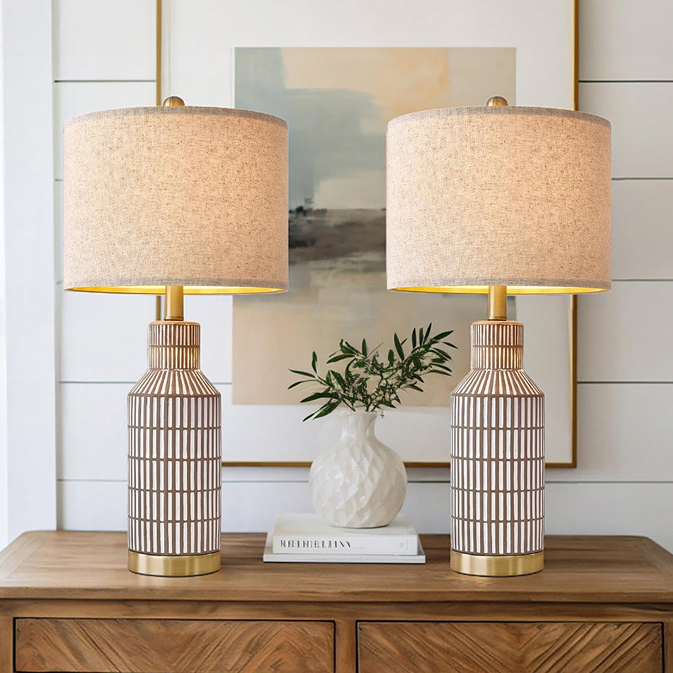 Usumkky 25'' Table Lamps Set Of 2, Modern Ceramic Bedside Lamps - Farmhouse Brown Nightstand Lamps For Bedroom, Boho Living Room