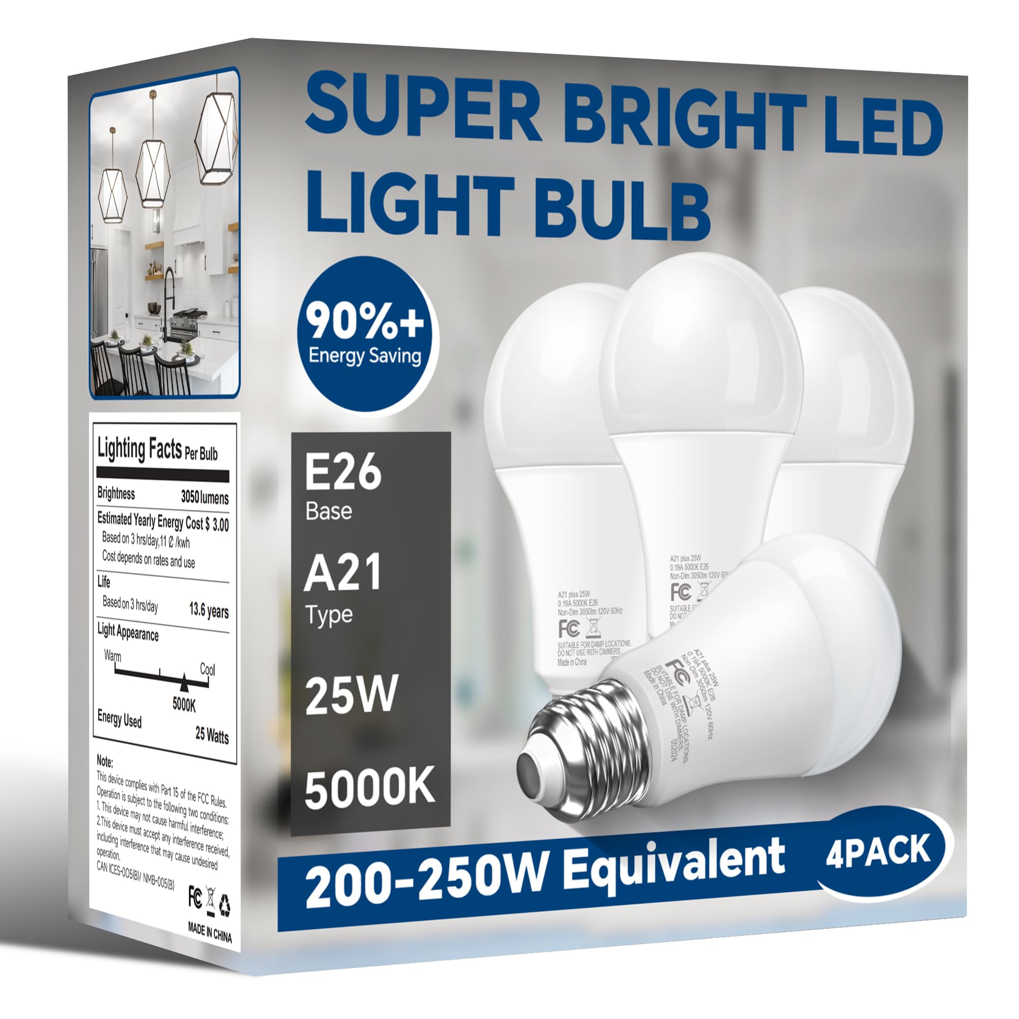 Nouscan 200W Equivalent Led Light Bulb, 2800Lm Super Bright A21 Led Bulb, Daylight 5000K, 25W Energy Saving, E26 Medium Base, 12