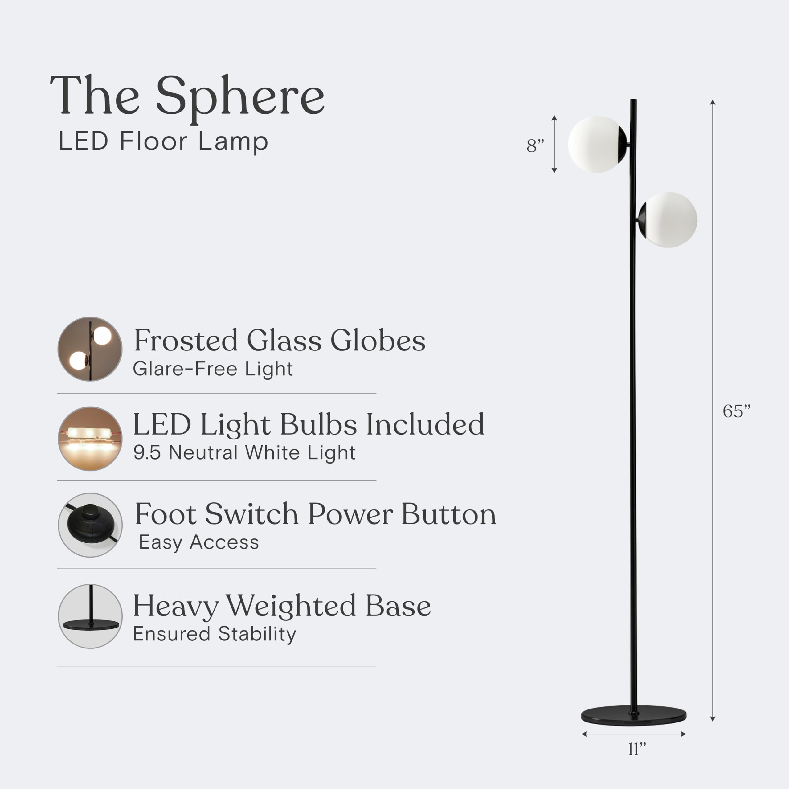 Brightech Sphere Mid Century Modern Floor Lamp, Black LED Light for Living Room & Office, Model FL-SPHR-BLK