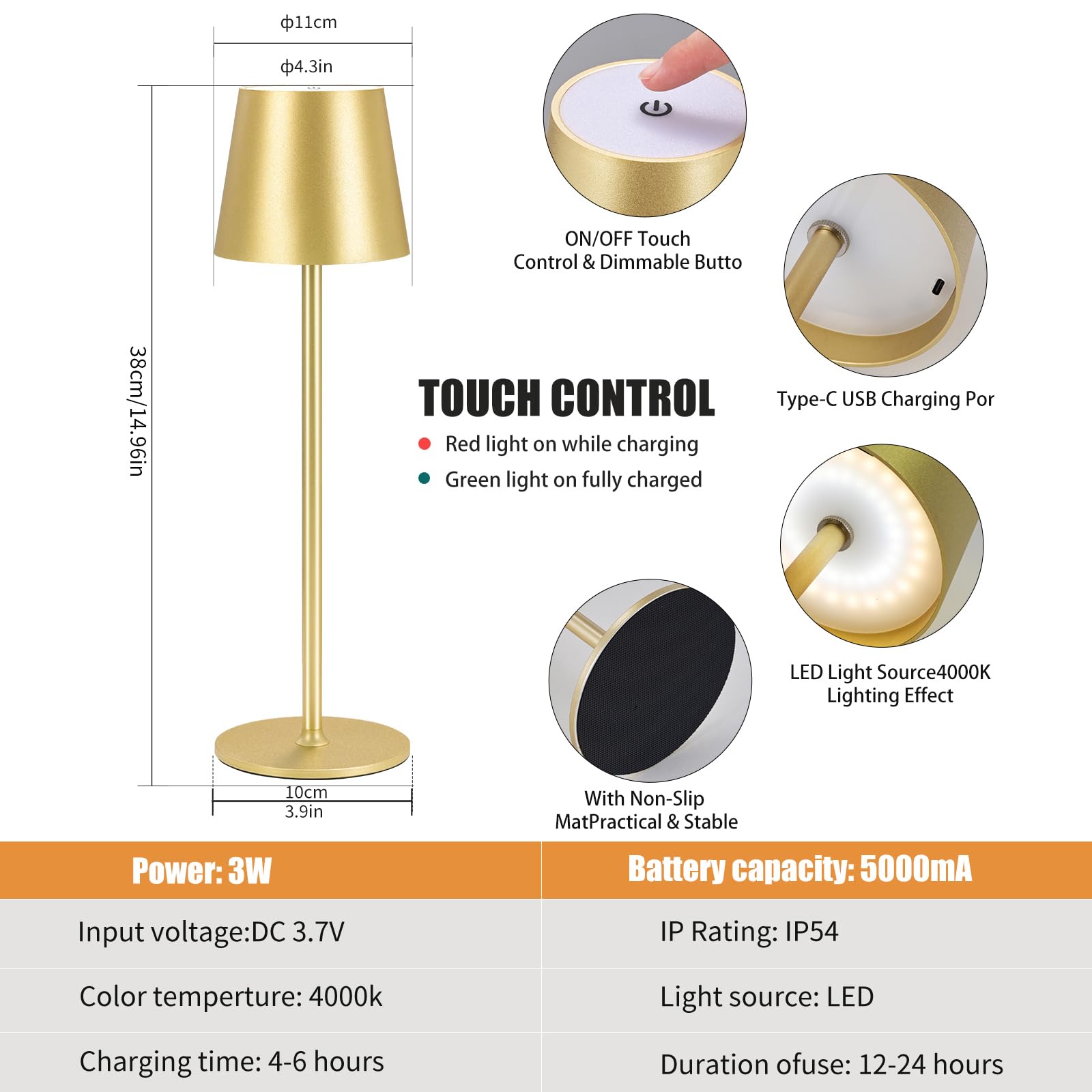 Imqsqik 2 Pack Cordless Table Lamp, 5000Mah Portable Rechargeable Led Desk Lamp (Gold)
