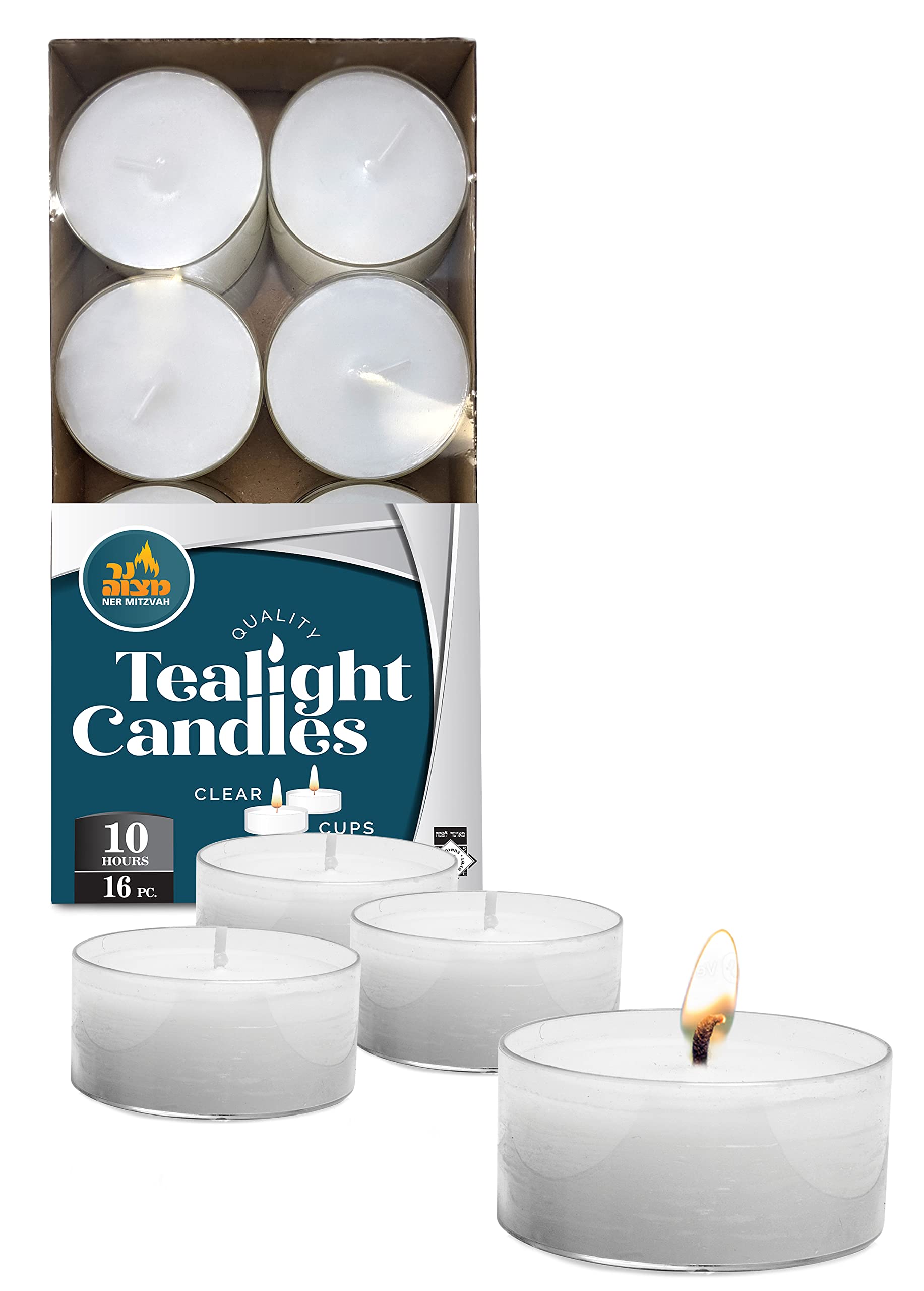 Ner Mitzvah Tea Light Candles - 16 Pack - White Unscented Tealight Candles - Long Burning - 10 Hours