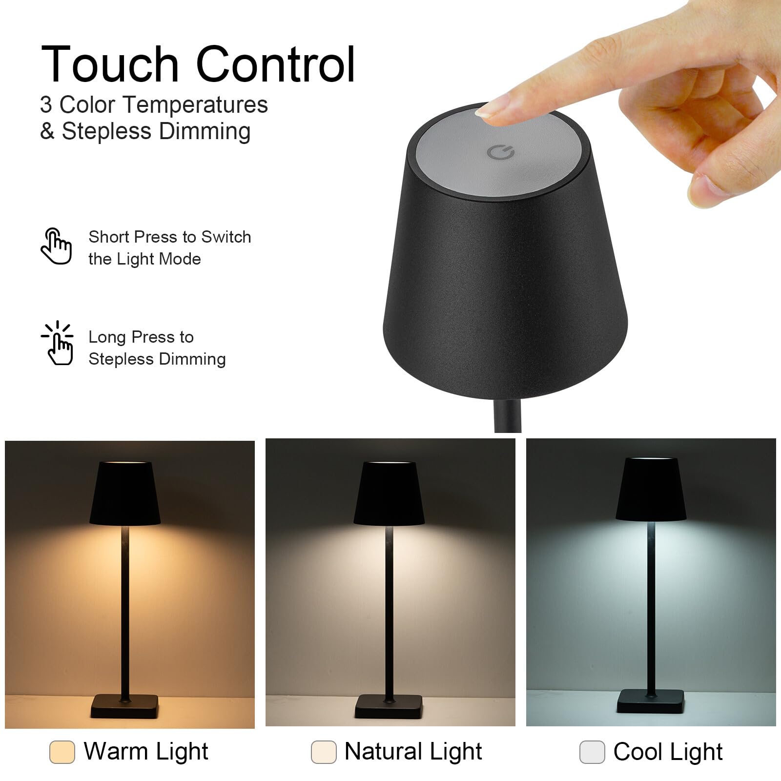 Kelary Cordless Table Lamp, 2 Pack, Rechargeable LED, 5200mAh Battery, Stepless Dimmable, Waterproof, Black, Model BZTD008BDFBAK