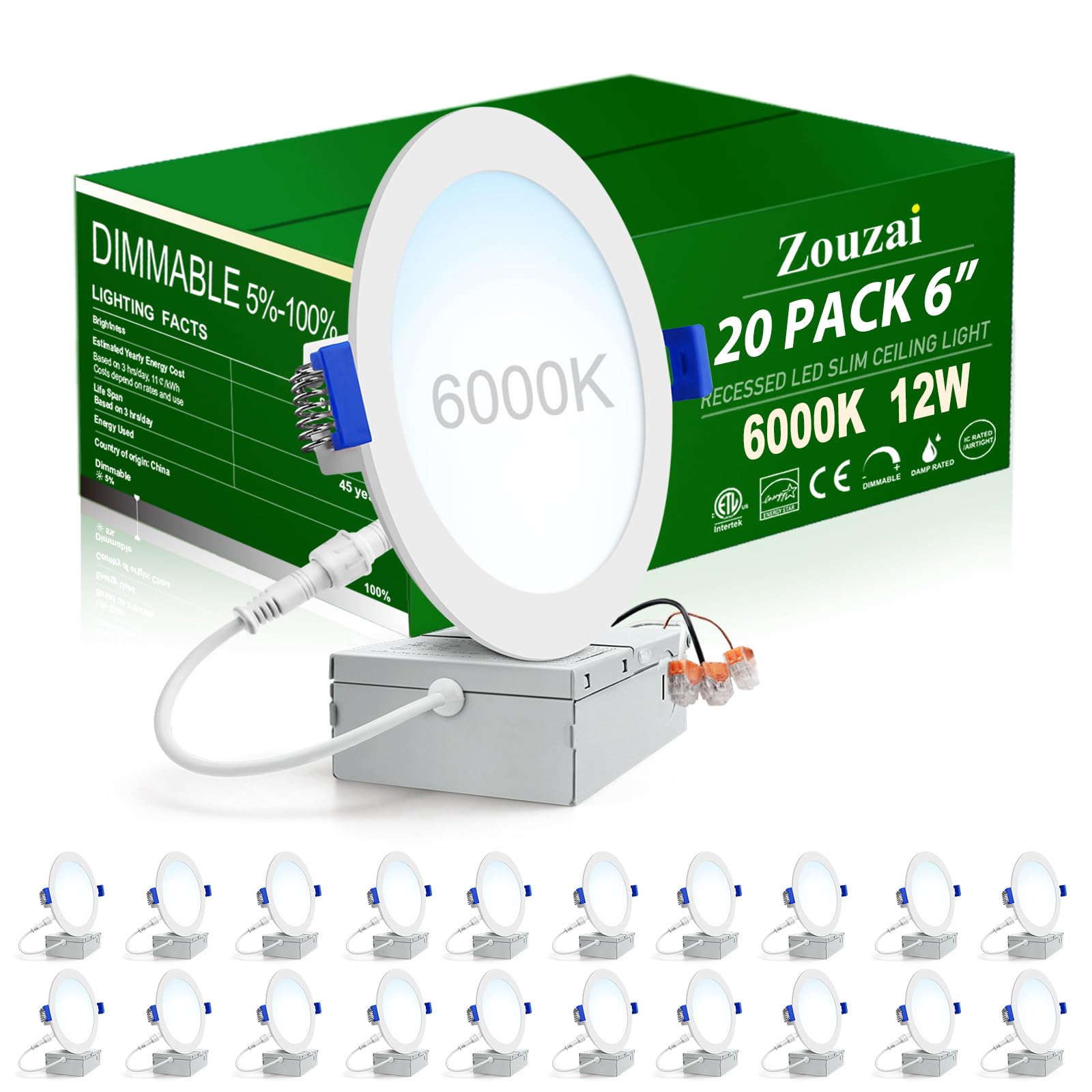 Zouzai 20 Pack 6 Inch Ultra-Thin Led Recessed Ceiling Light With Junction Box 6000K Cool White Adjustable Dimmable Can-Killer Do