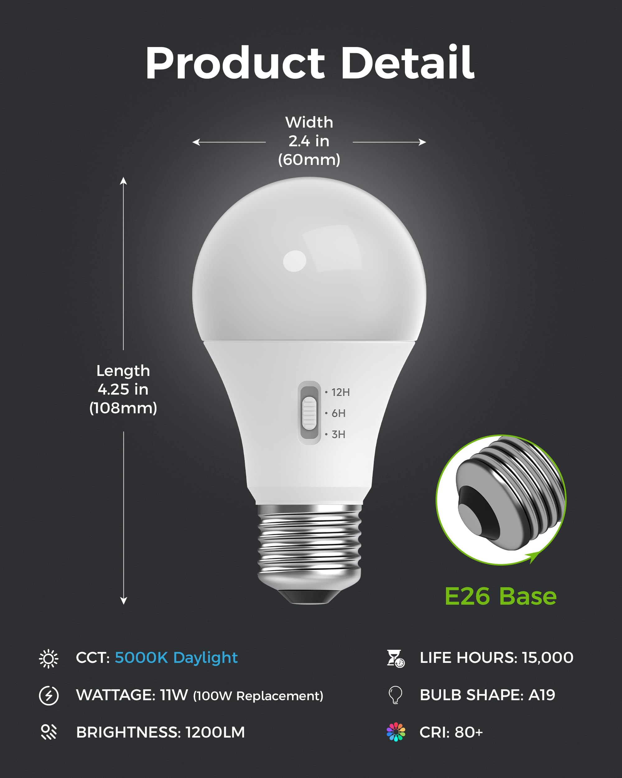 NEOROSS 100W LED Timer Light Bulb, 5000K Daylight, E26 Base, 12/6/3H Timer, 1200LM, Non-Dimmable