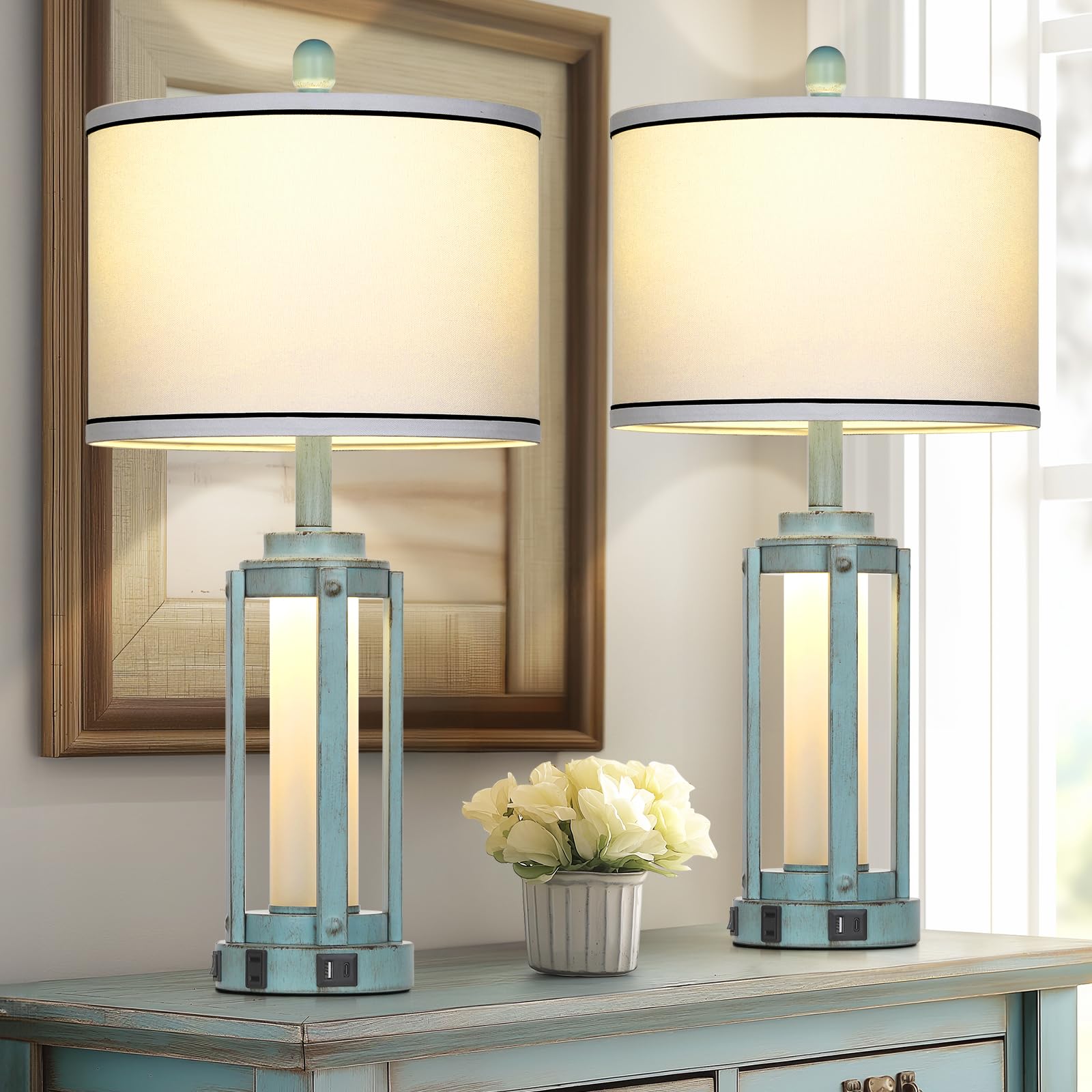 Rinweey Table Lamp For Living Room, Vintage Rustic Industrial Farmhouse Lamps With Usb A+C Charging Ports & Ac Outlet, Beside Ni