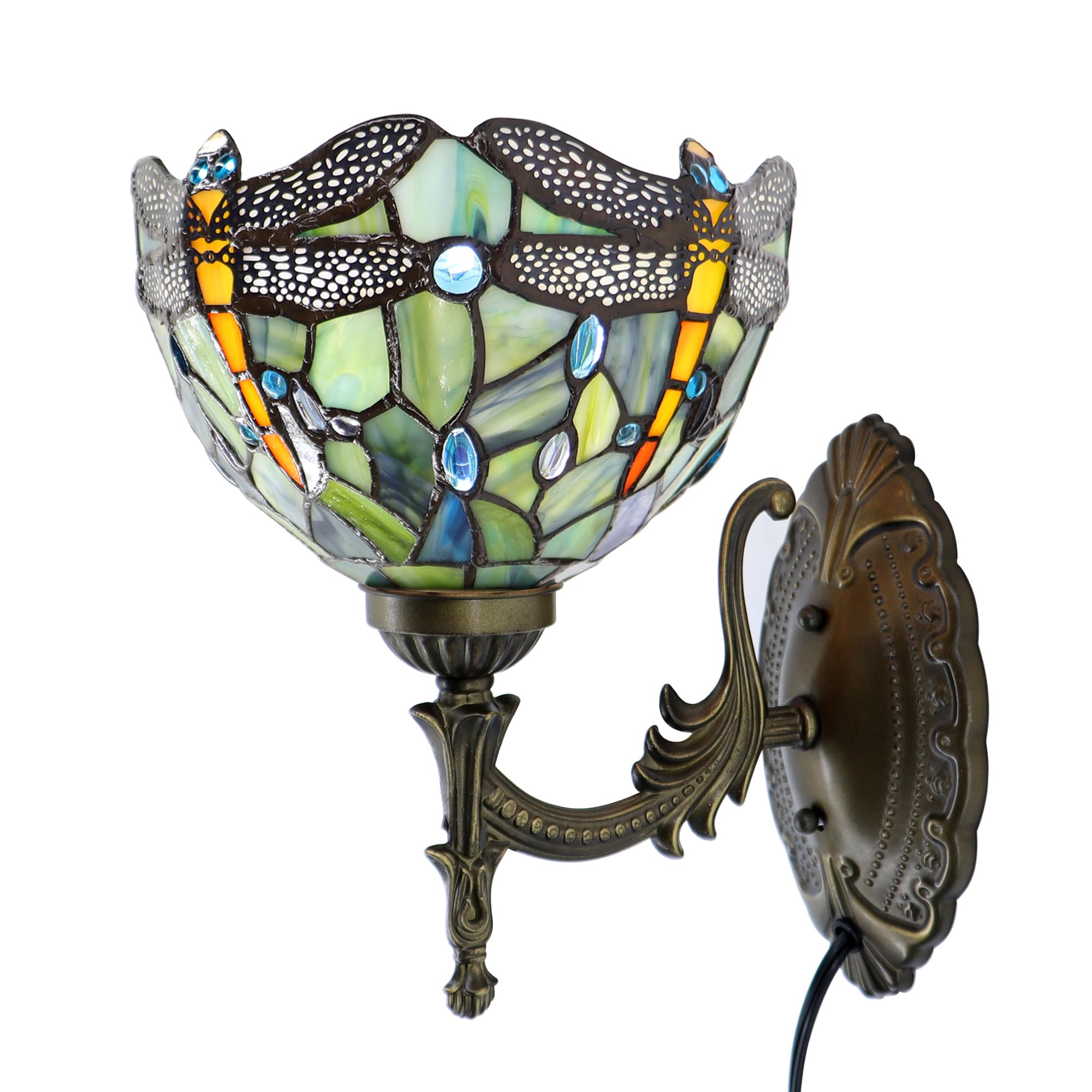 HWDFEI Tiffany Sconce Lamp Stained Glass Wall Lamp,8X10.5X11 Inch Plug in Wall Bedside Light for Hallway Bedroom (Brown Dragonfl