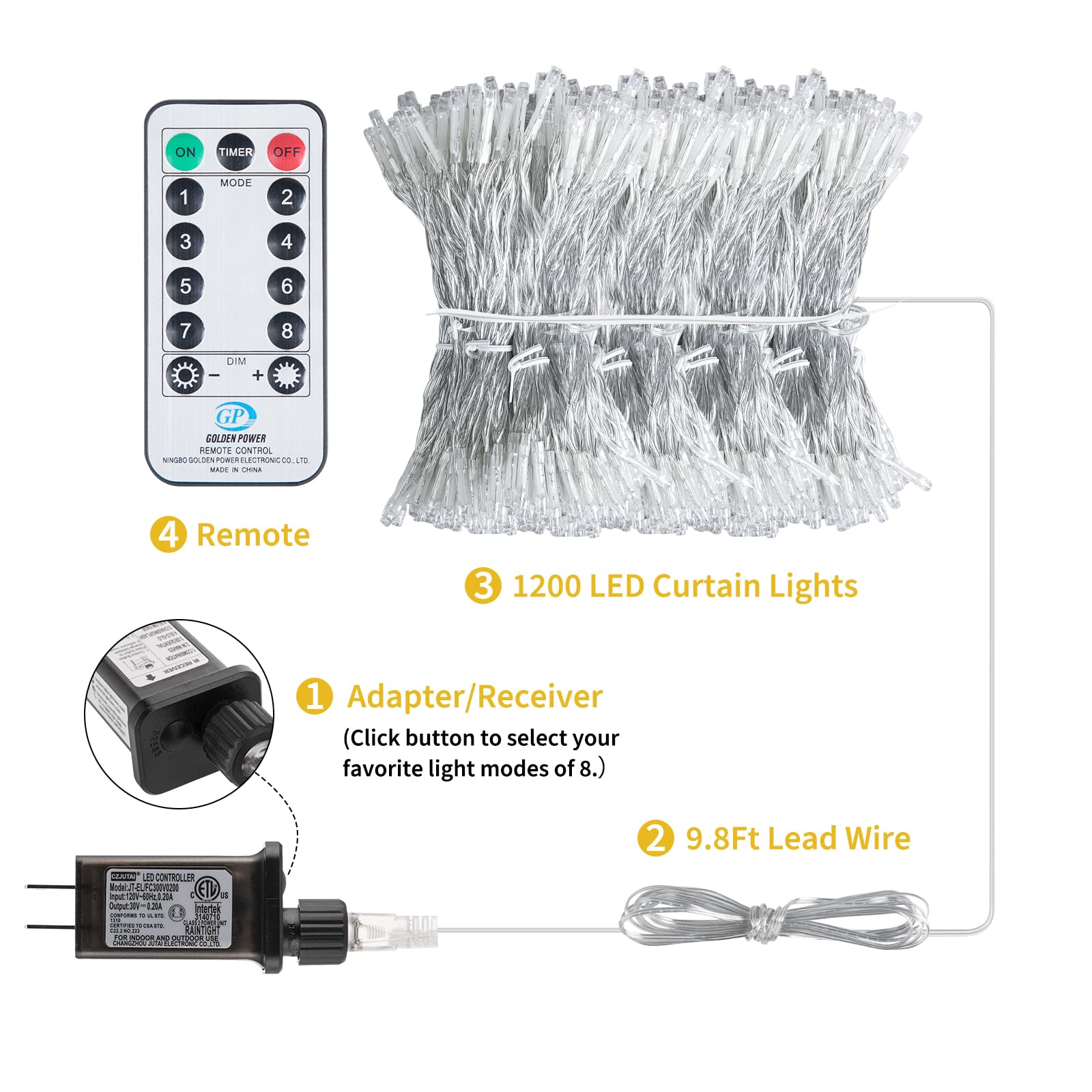Brightown 1200 LED Curtain String Lights, 9.8 FT, Remote, Waterproof, 8 Modes, Warm White, Model DMO-C-1200