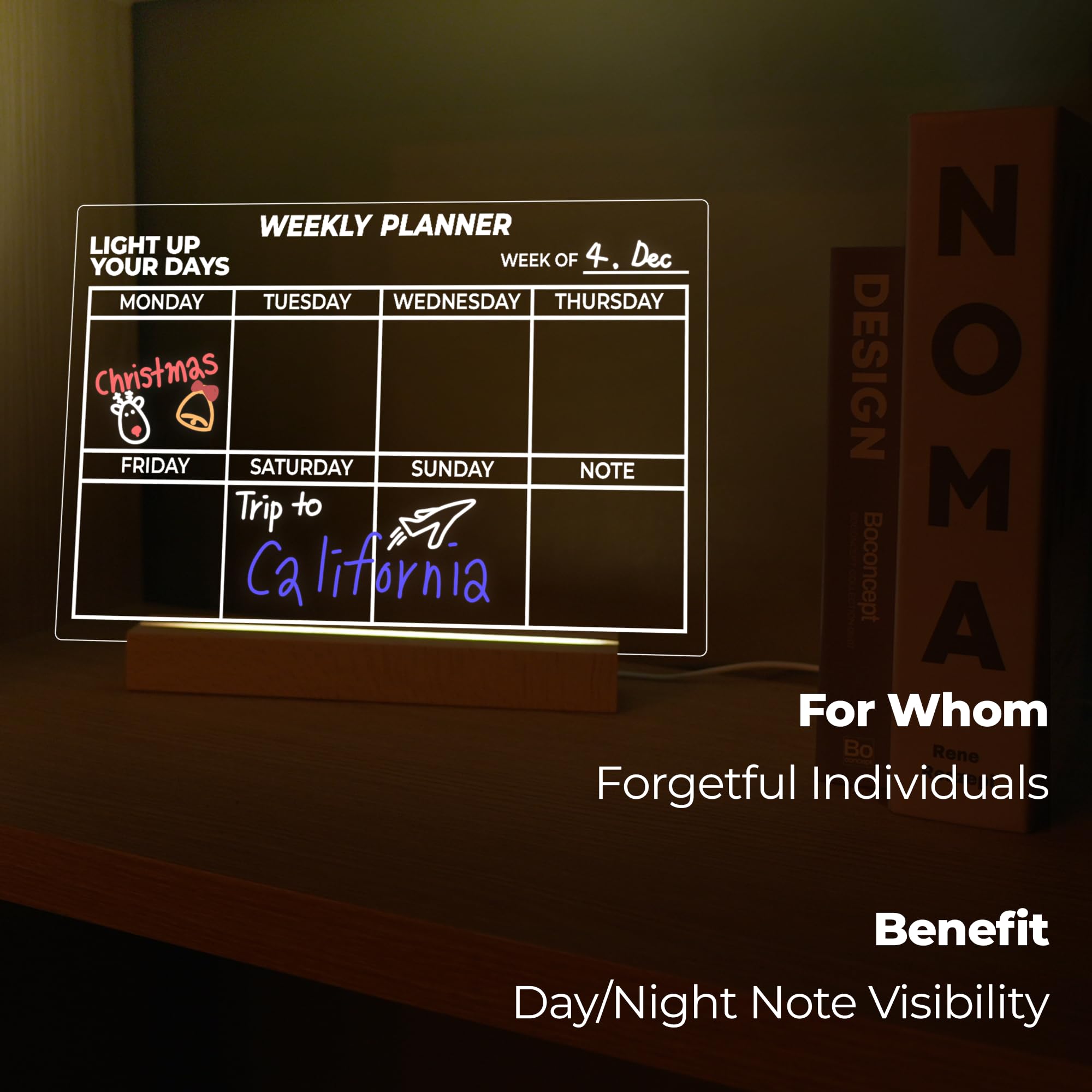 Memelight Acrylic Dry Erase Weekly Planner With Light 13 X 9 - Led Memo Display And Notepad Lamp For Clear Reminders - Acrylic L