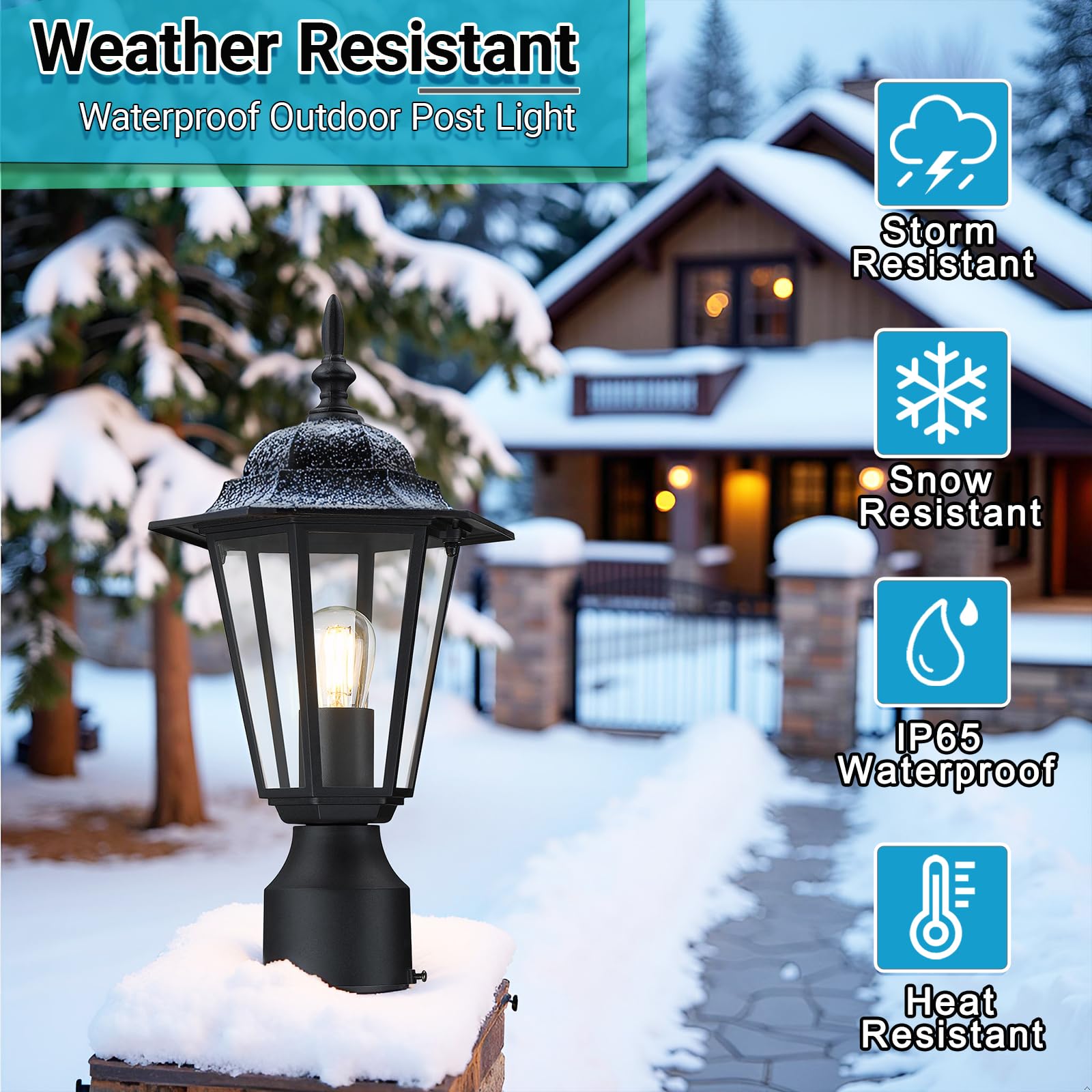 GRUENLICH Outdoor Post Lighting Fixture Pole Lantern, E26 Medium Base Max 60W, Aluminum Housing Plus Glass, Bulb Not Included, B