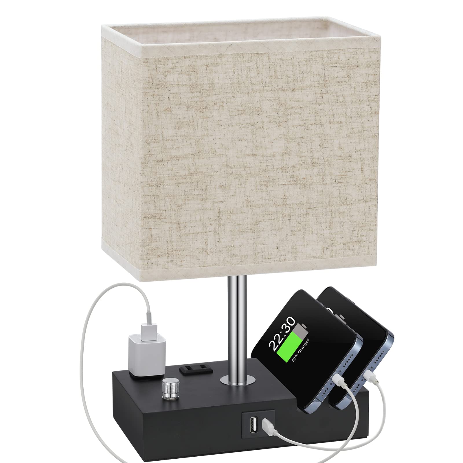 Kakanuo Table Lamp For Bedroom With Dual Usb Ports, Beige Fully Dimmable Bedside Lamp With Phone Stands And 2 Charging Outlets,