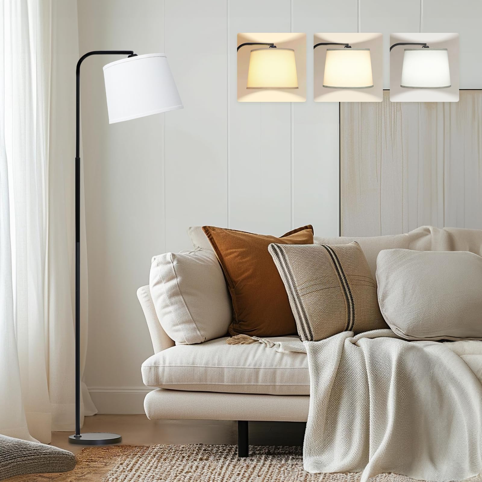 AKASUKI Floor Lamp with 3 Color Temperatures, 9W LED Bulb, Black Base-White Shade, Model LT-1125, for Living Room/Bedroom/Office