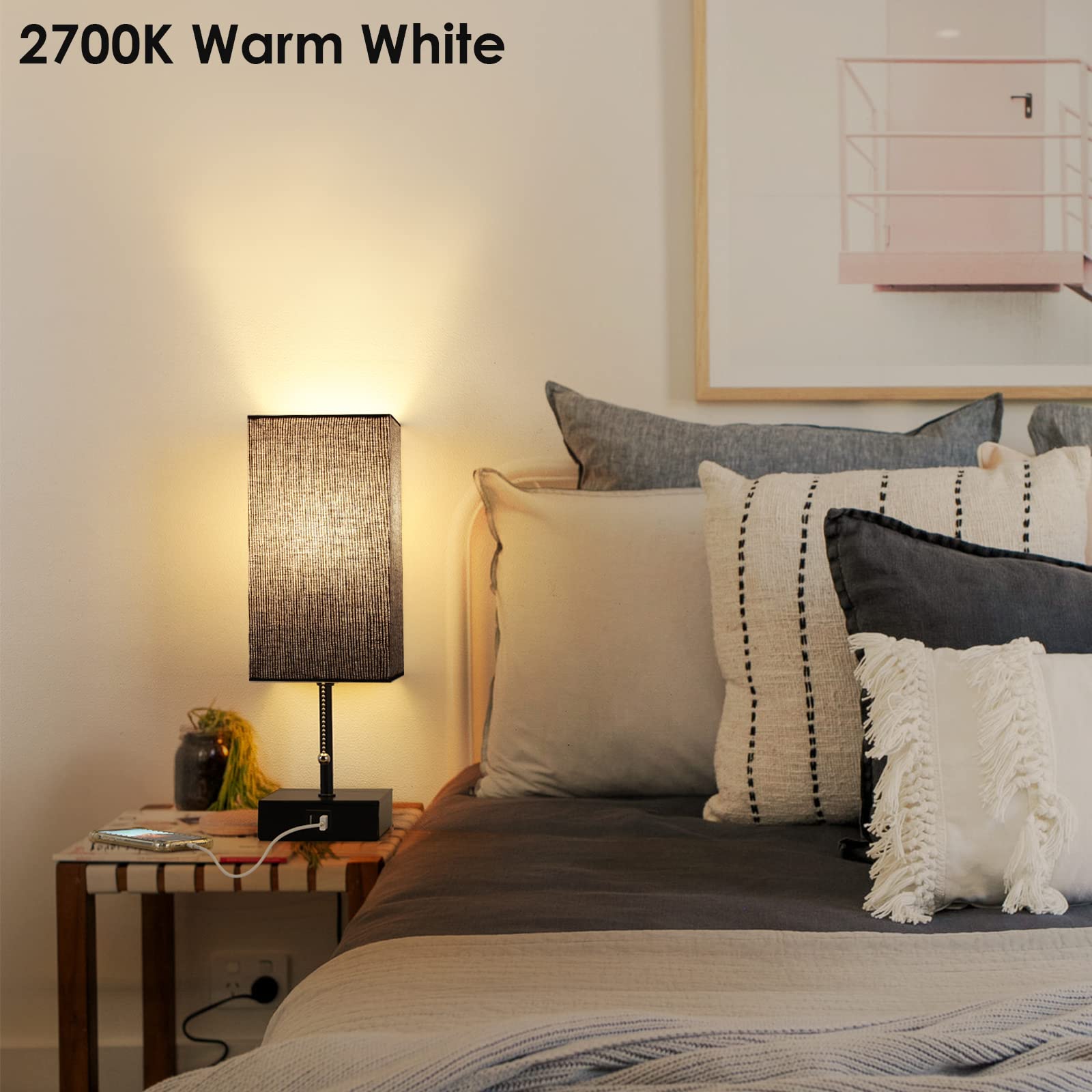 Ggoying Usb Bedside Table Lamp, Pull Chain Nightstand Table Lamp With 2700K Led Bulb, Black Fabric Linen Lampshade, Usb C+A Char